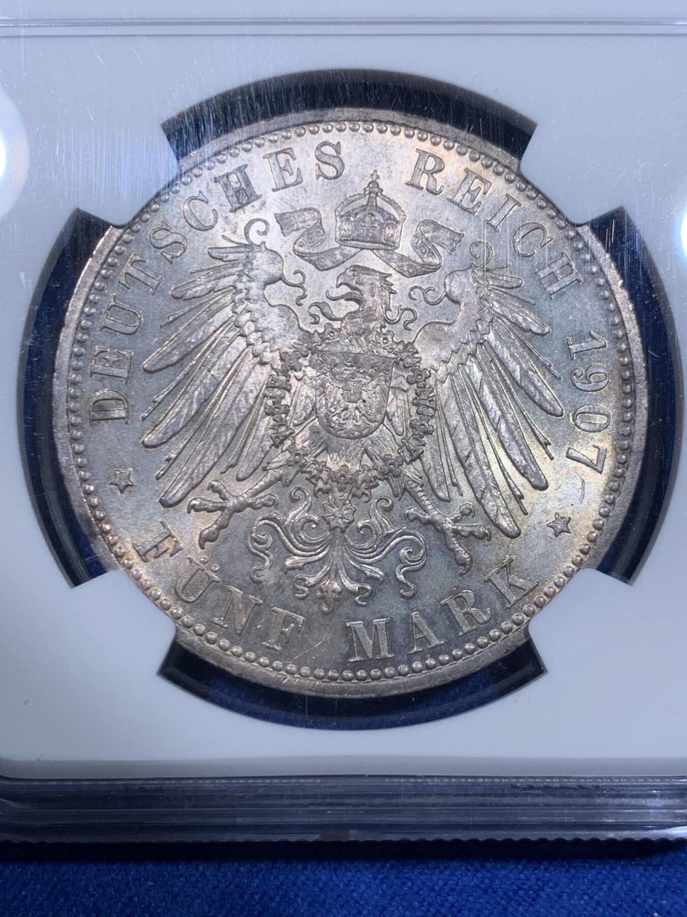 《竞宝斋》立夏专场特拍 （第2-1场）全场顺丰包邮 265场 冠军分 NGC MS64 德国1907年巴伐利亚奥托5马克银币 流通币这个状态已经无敌