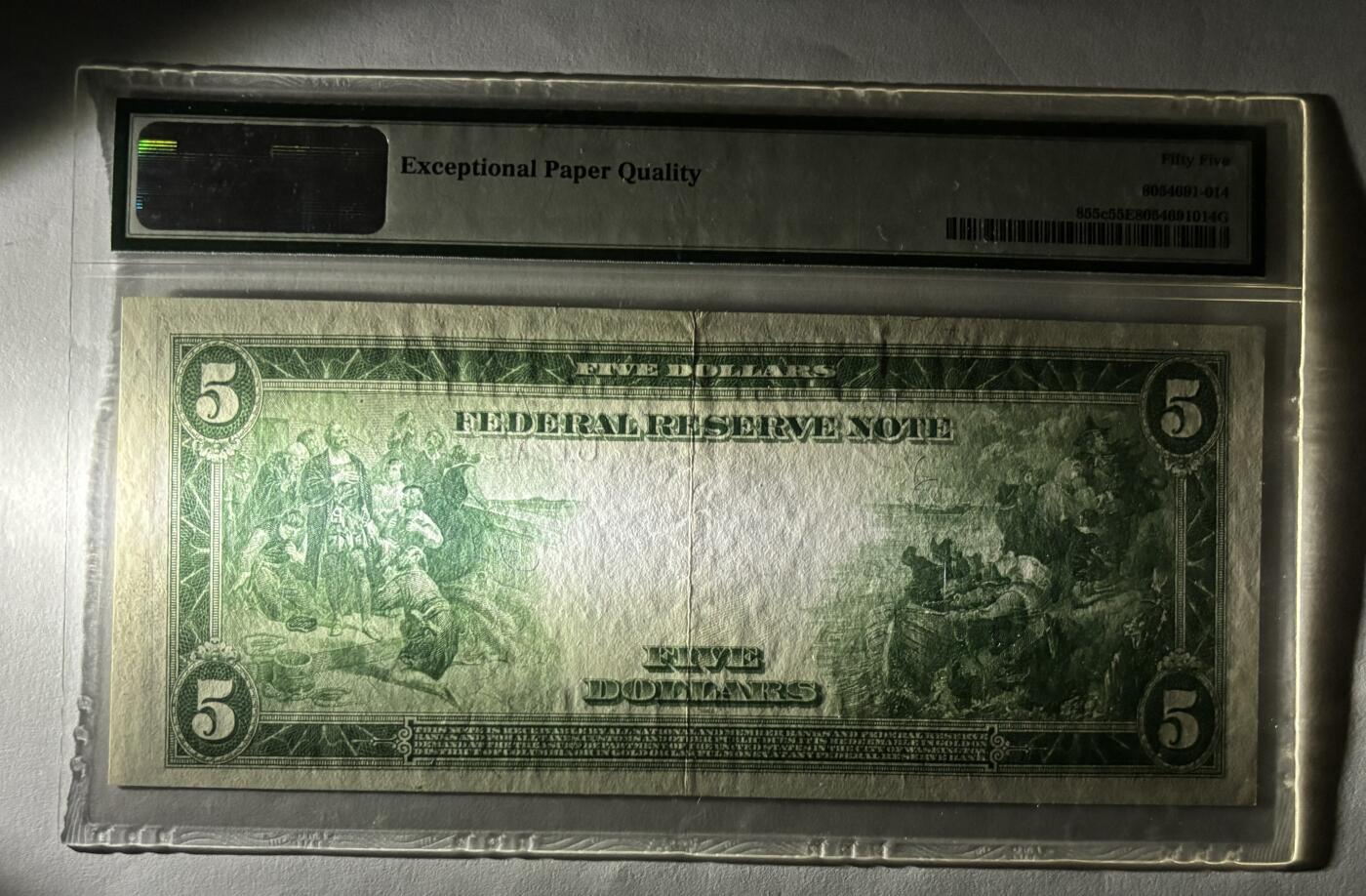 Chase Auction 第29期 - - 邮票、银币、外钞、民国钞和人民币混合场！（持续更新中） 1914年 5美元 大尺寸时代 联邦储备券 PMG严格评级 老壳55EPQ 费城分区（稀缺分区）号码无4