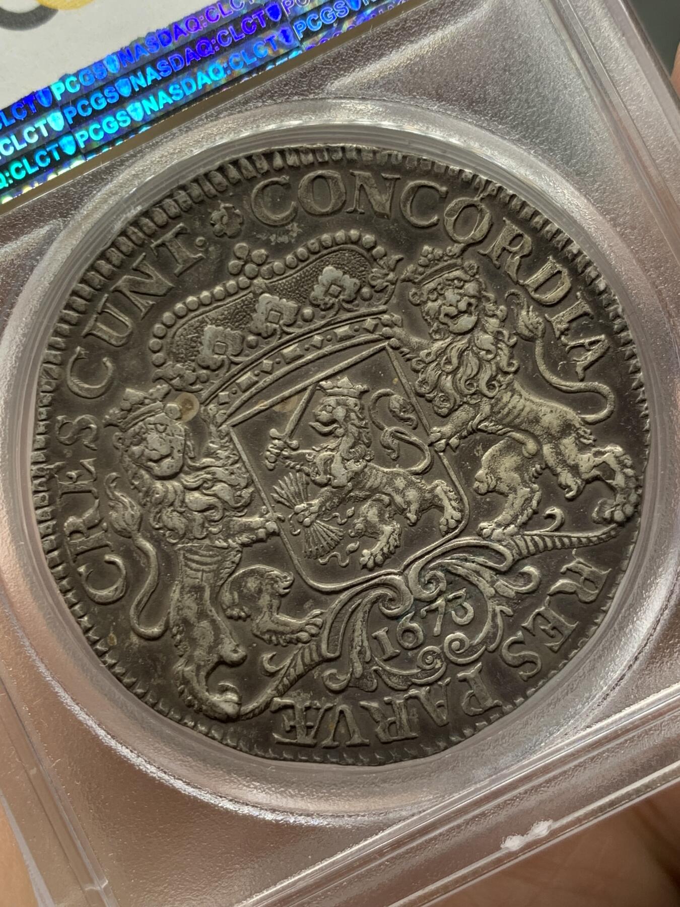 《竞宝斋》立夏专场特拍 （第2-1场）全场顺丰包邮 265场 唯一冠军分 PCGS AU55 荷兰 1673 荷兰省 加重版杜卡特 马剑大银币 65克重量是普通的大马剑的2倍 原味包浆 稀缺品种