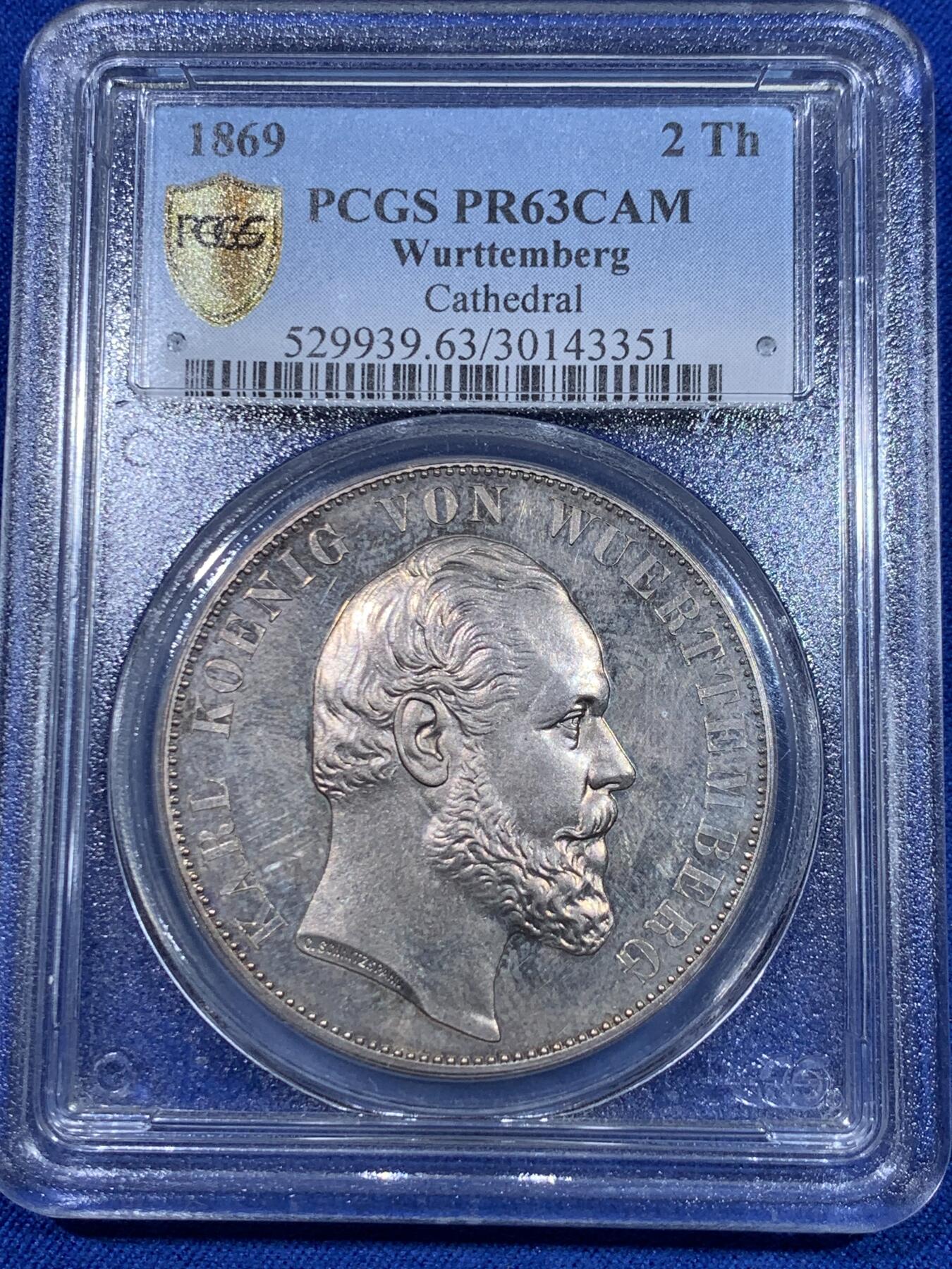 《竞宝斋》立夏专场特拍 （第2-1场）全场顺丰包邮 265场 PCGS PR63CAM 德国符腾堡1869乌尔姆大教堂精制2泰勒大银币 名誉品种