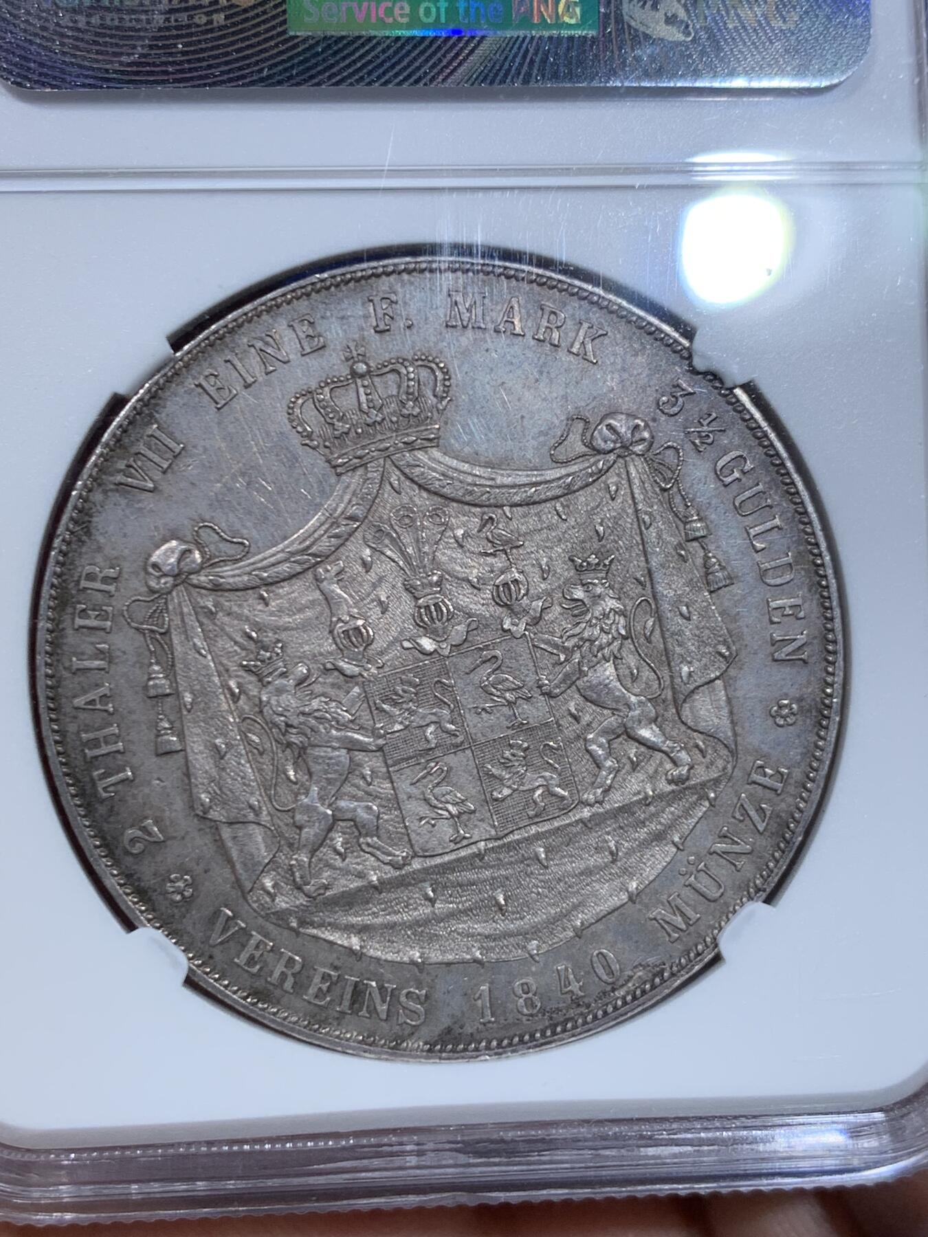 《竞宝斋》立夏专场特拍 （第2-1场）全场顺丰包邮 265场 NGC MS61 德国 1840 罗伊斯公国 海因里希六世 2泰勒大银币 根据资料记录只发行2年，1840年只发行量2750枚 稀见品种