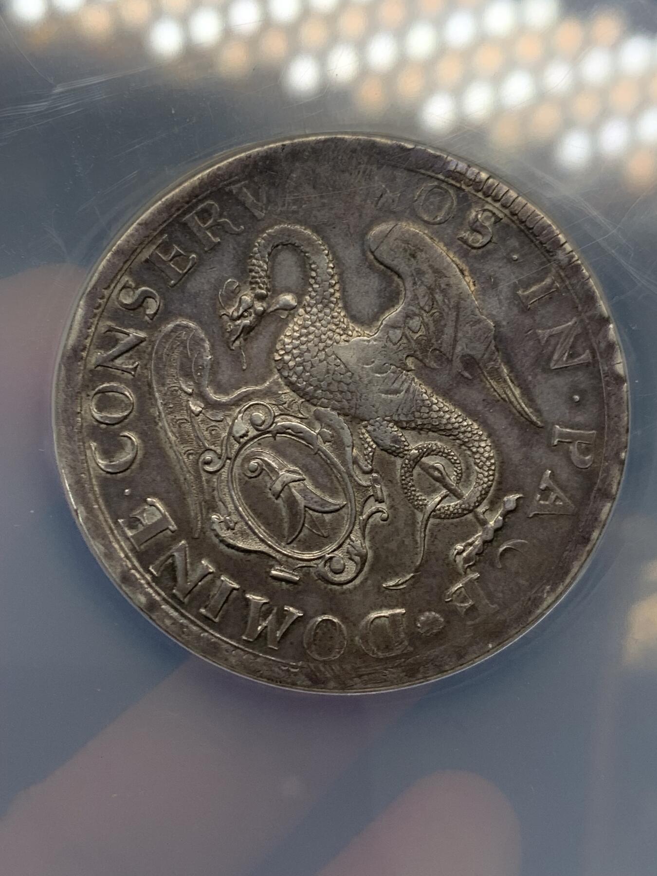 《竞宝斋》立夏专场特拍 （第2-1场）全场顺丰包邮 265场 NGC AU50 瑞士 1741 巴塞尔 2泰勒 景观大银币 56克的大规格 整体状态非常喜人 慢慢岁月的痕迹  背面为带有巴塞尔徽章的翼龙 现在63分巴塞尔2泰勒最近已经过10万了