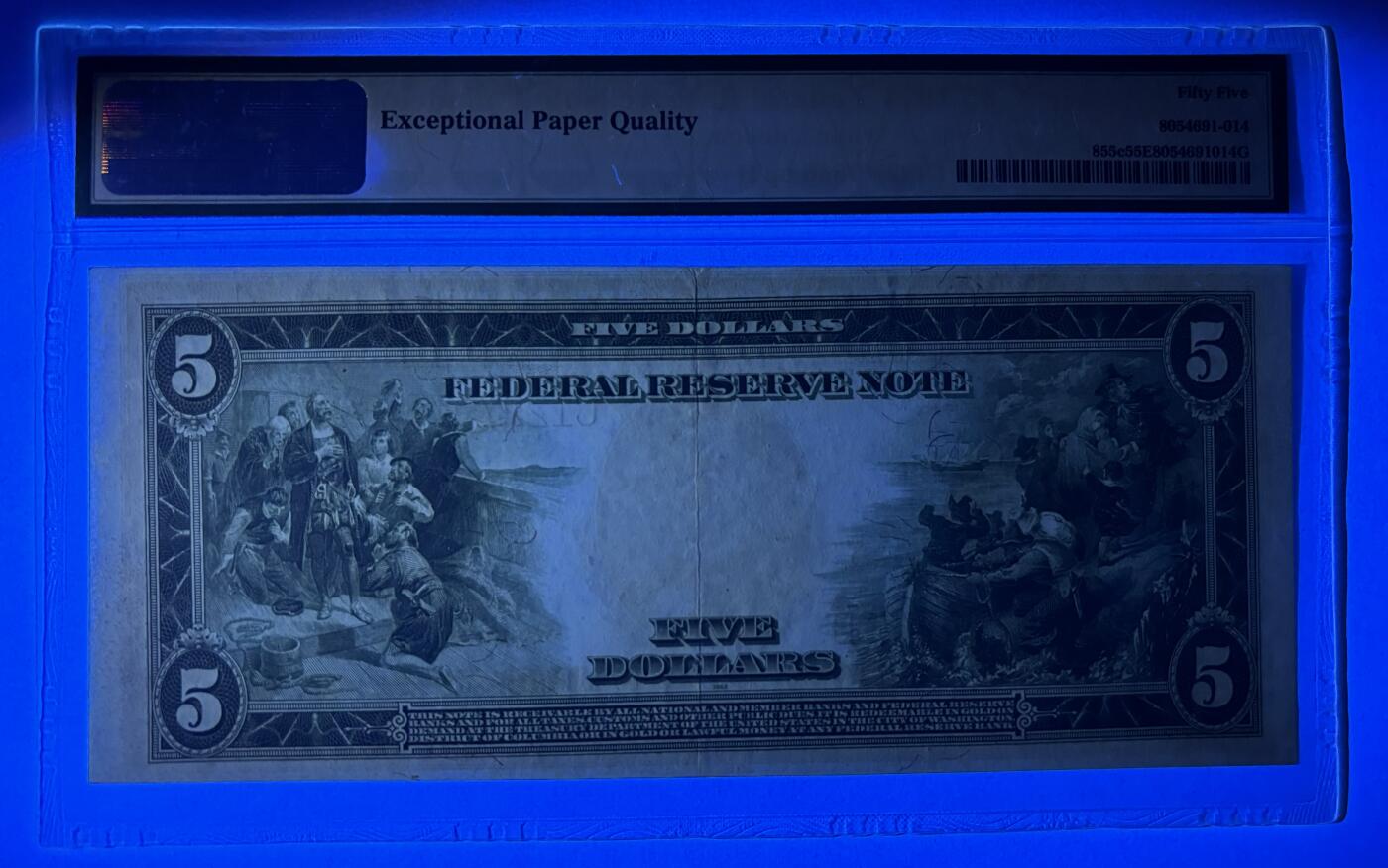 Chase Auction 第29期 - - 邮票、银币、外钞、民国钞和人民币混合场！（持续更新中） 1914年 5美元 大尺寸时代 联邦储备券 PMG严格评级 老壳55EPQ 费城分区（稀缺分区）号码无4
