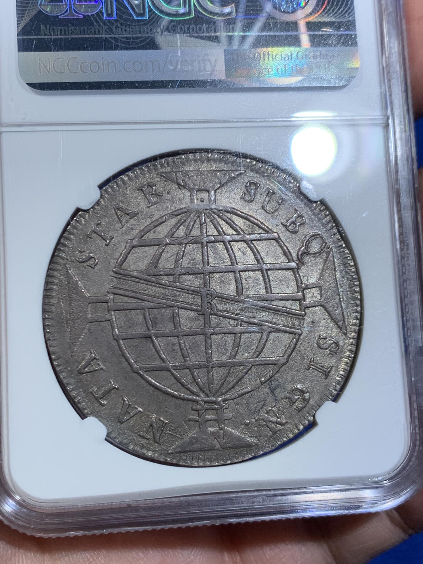 《竞宝斋》立夏专场特拍 （第2-1场）全场顺丰包邮 265场 NGC AU58 葡属巴西1813R版960R大银币 灰彩皮蛋光 双面深打 币胚为早期双柱银币 58分中的好状态 潜力19世纪早期大银