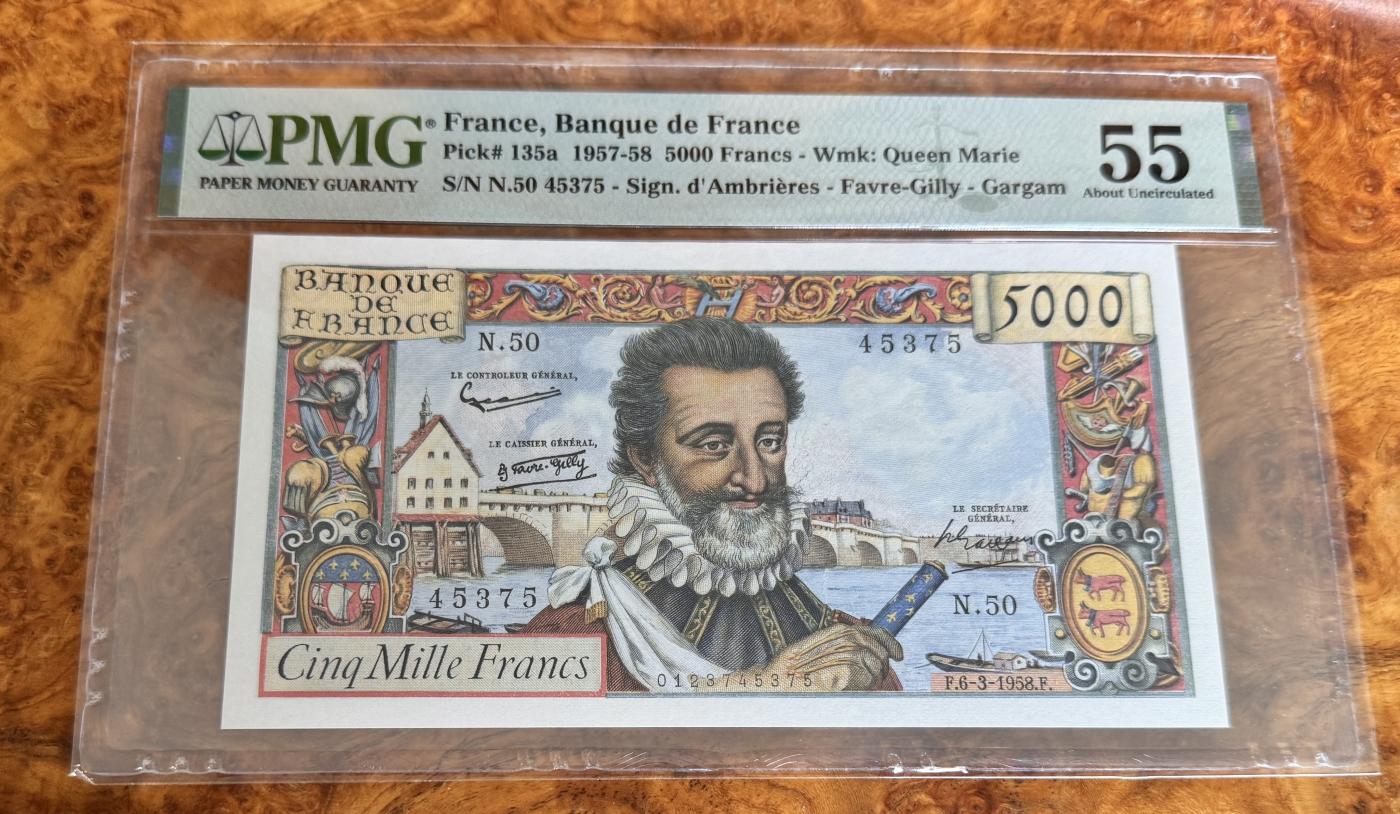 Chase Auction 第29期 - - 邮票、银币、外钞、民国钞和人民币混合场！（持续更新中） 1957年法国5000法郎，PMG55，亨利四世！