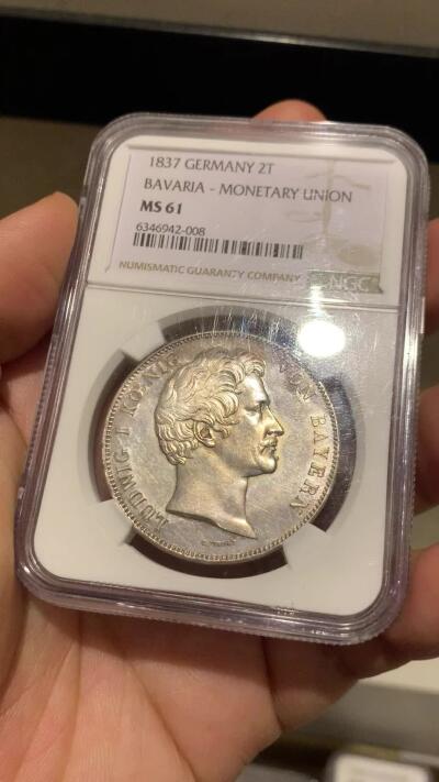 《竞宝斋》立夏专场特拍 （第2-1场）全场顺丰包邮 265场 NGC MS61 德国1837巴伐利亚货币同盟纪念2泰勒大银币 淡彩包浆