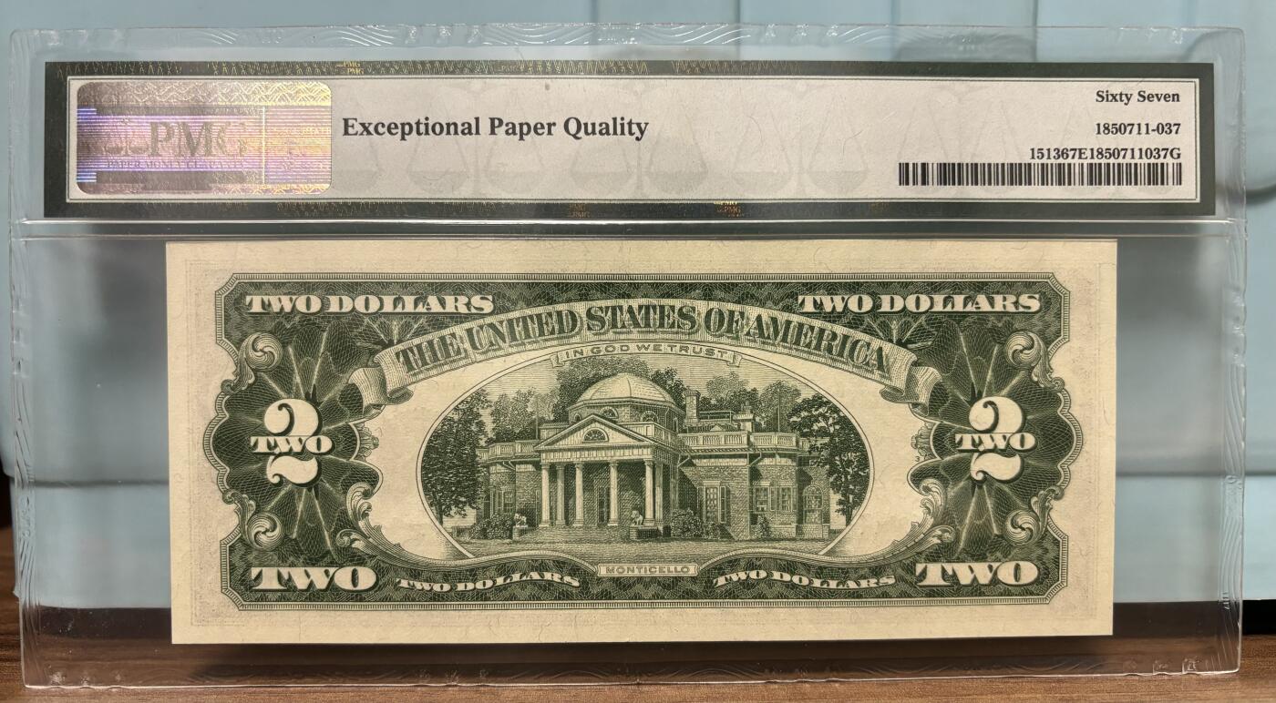 Chase Auction 第29期 - - 邮票、银币、外钞、民国钞和人民币混合场！（持续更新中） 1963年正版 2美元 政府券 红色冠号和库印 AA冠首发 PMG严格评级 老壳高分67EPQ