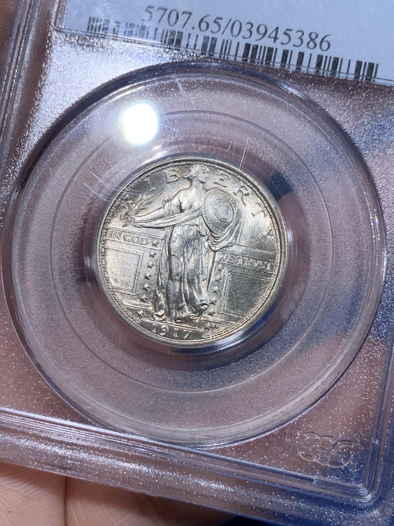 《竞宝斋》立夏专场特拍 （第2-1场）全场顺丰包邮 265场 PCGS MS65FH 1917年 美国 站人飞鹰 25美分 第一版无胸甲版 高分+FH尾缀+第一版+老白盒 很经典的设计 收藏级