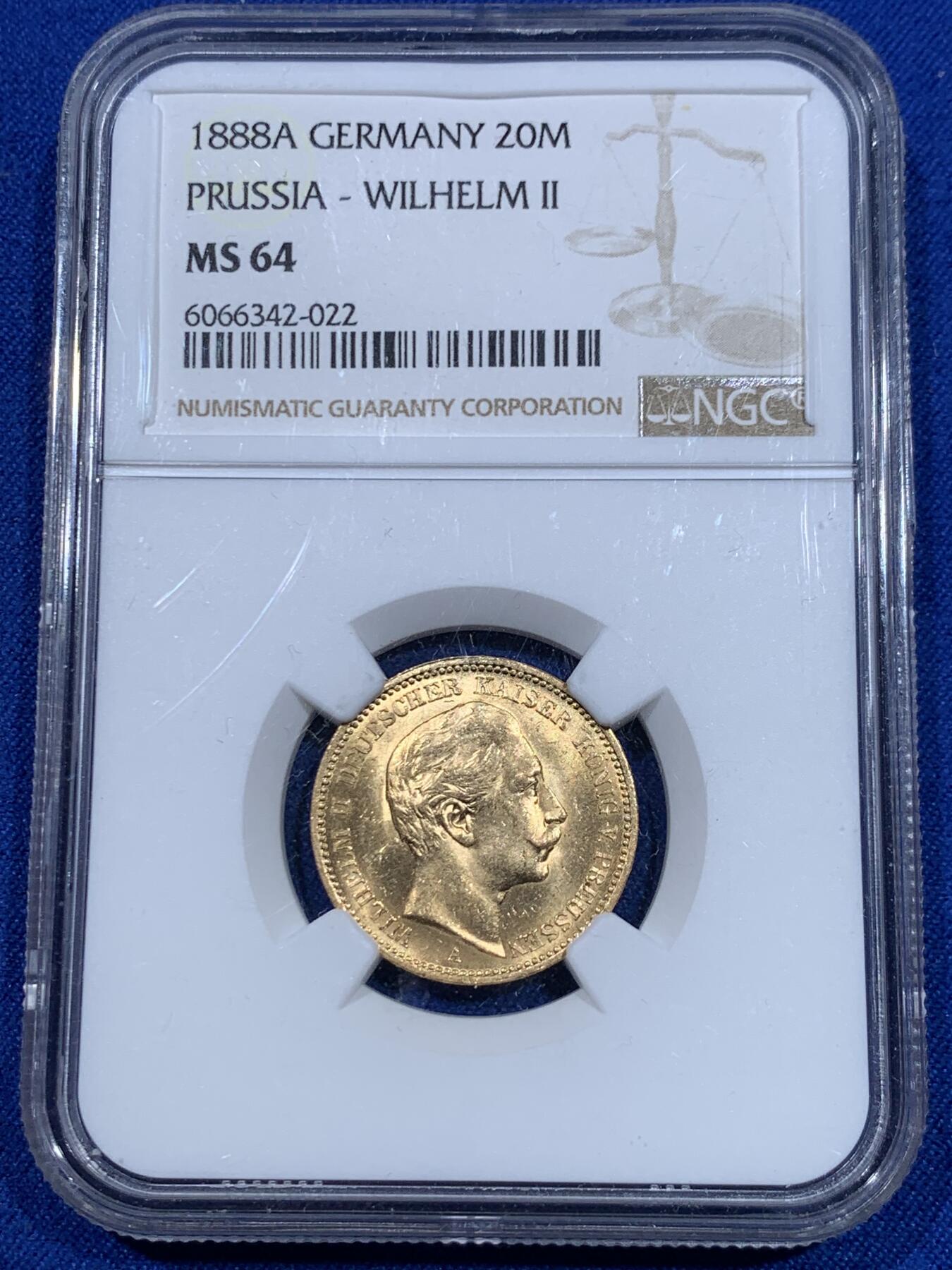 《竞宝斋》立夏专场特拍 （第2-1场）全场顺丰包邮 265场 NGC MS64 德国普鲁士1888三皇之年威廉二世短翅 20马克金币 三皇之年 威二金币少见高分