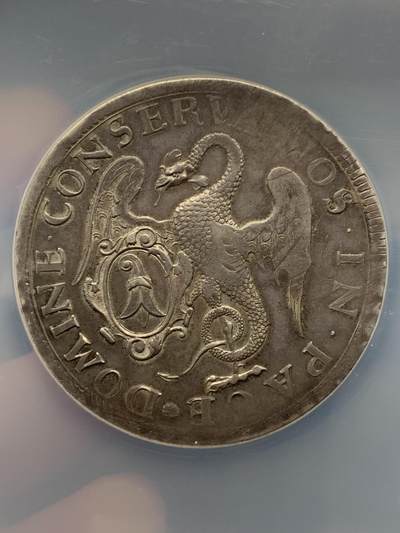 NGC AU50 瑞士 1741 巴塞尔 2泰勒 景观大银币 56克的大规格 整体状态非常喜人 慢慢岁月的痕迹  背面为带有巴塞尔徽章的翼龙 现在63分巴塞尔2泰勒最近已经过10万了