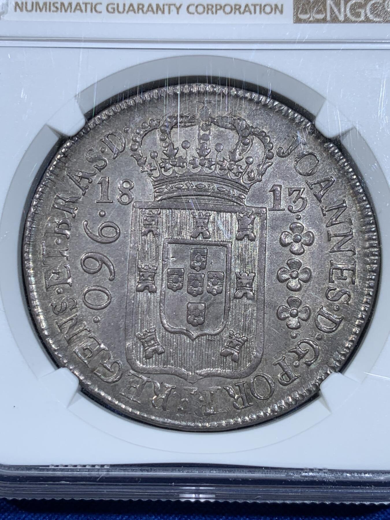 《竞宝斋》立夏专场特拍 （第2-1场）全场顺丰包邮 265场 NGC AU58 葡属巴西1813R版960R大银币 灰彩皮蛋光 双面深打 币胚为早期双柱银币 58分中的好状态 潜力19世纪早期大银