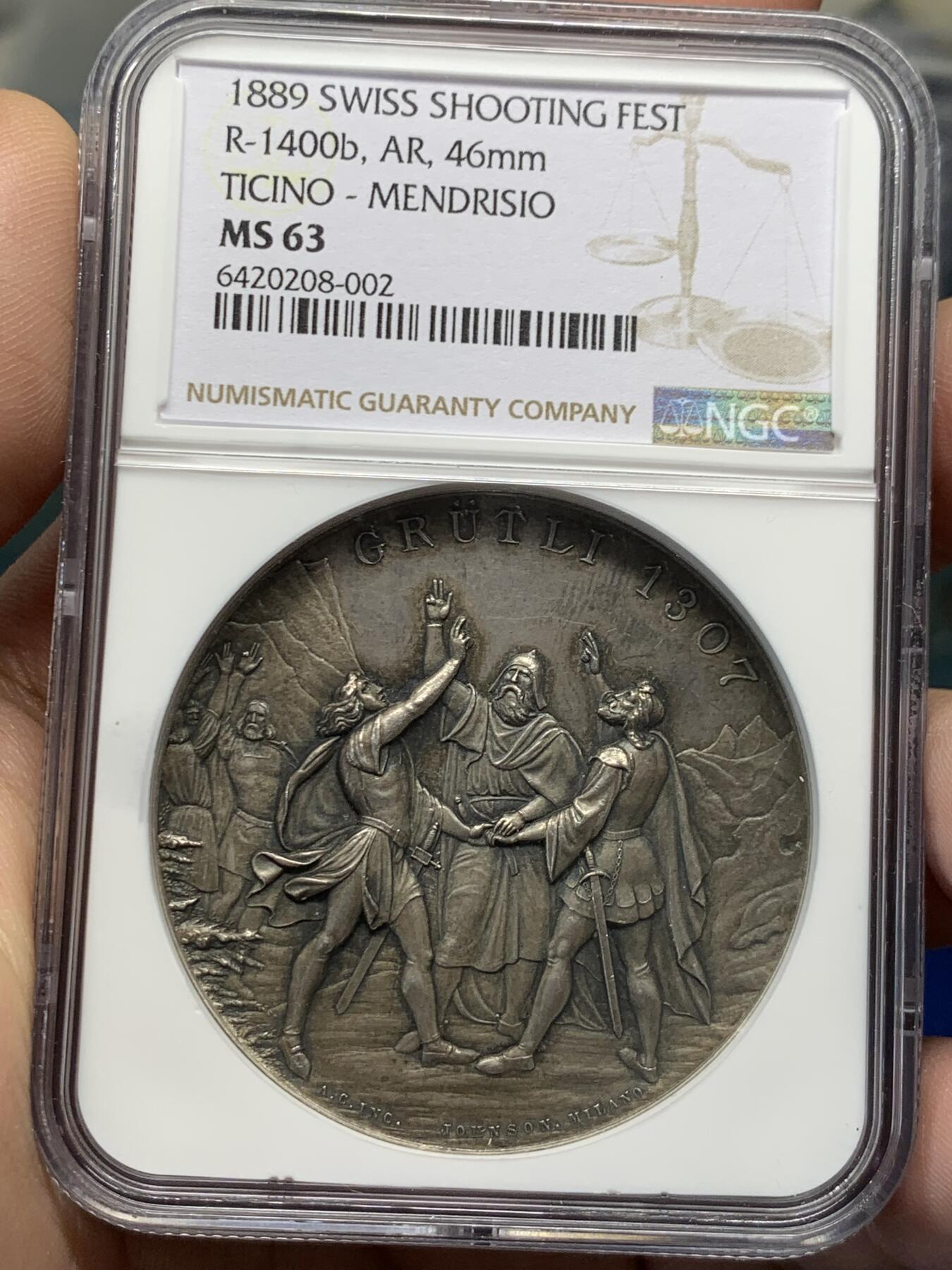 《竞宝斋》立夏专场特拍 （第2-1场）全场顺丰包邮 265场 NGC MS63 瑞士1889年提契诺州射击节大银章 罕见品种 热门系列 人物高点俱在 藏家多年藏品出品 最近64分的1080美元成交