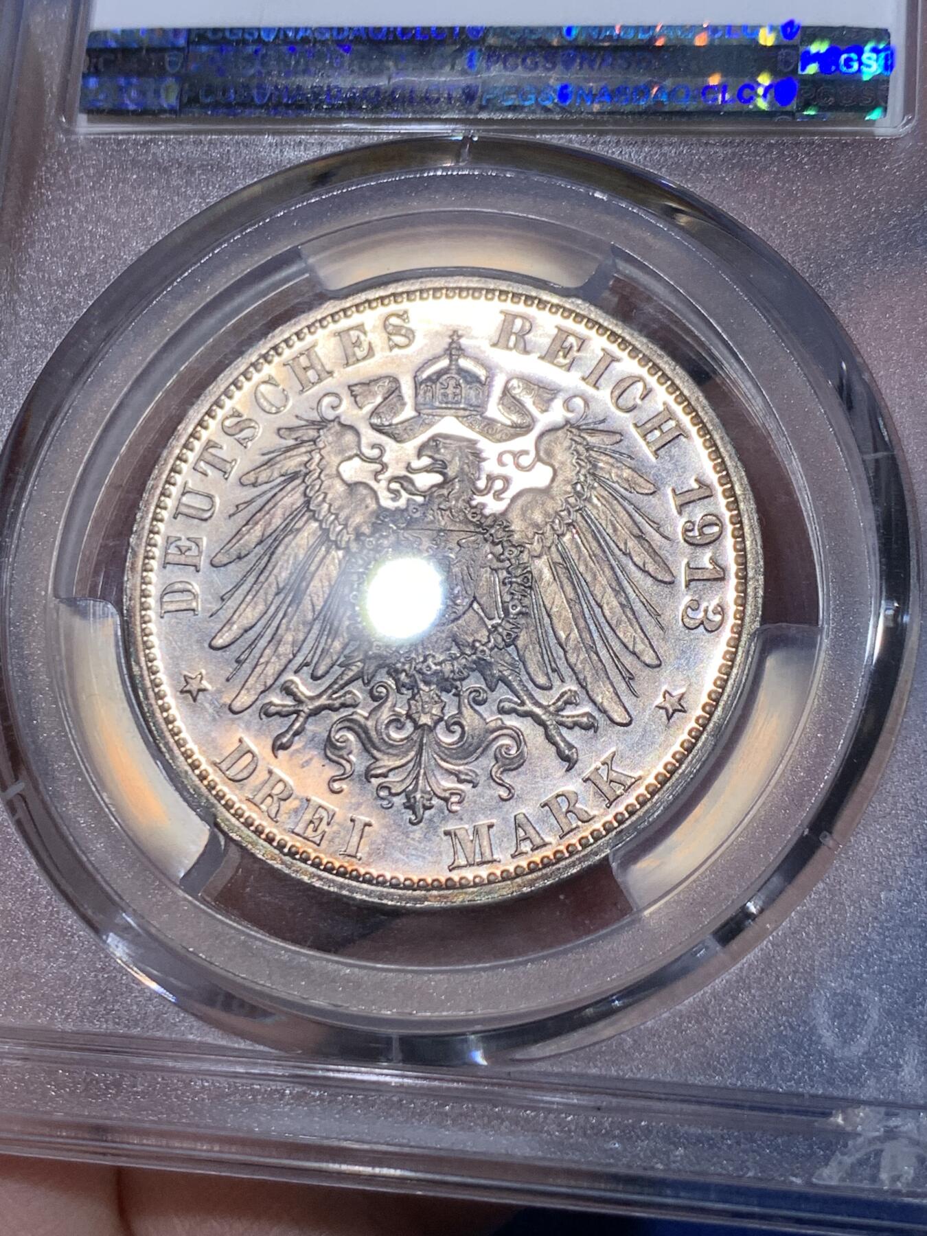 《竞宝斋》立夏专场特拍 （第2-1场）全场顺丰包邮 265场 PCGS PR63CAM 德国1913E萨克森建功碑3马克银币 评cameo的基本都是白币 重五彩加cameo太难得了