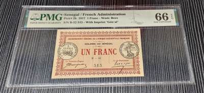 Chase Auction 第29期 - - 邮票、银币、外钞、民国钞和人民币混合场！（持续更新中） - 1917年塞内加尔1法郎，PMG66！