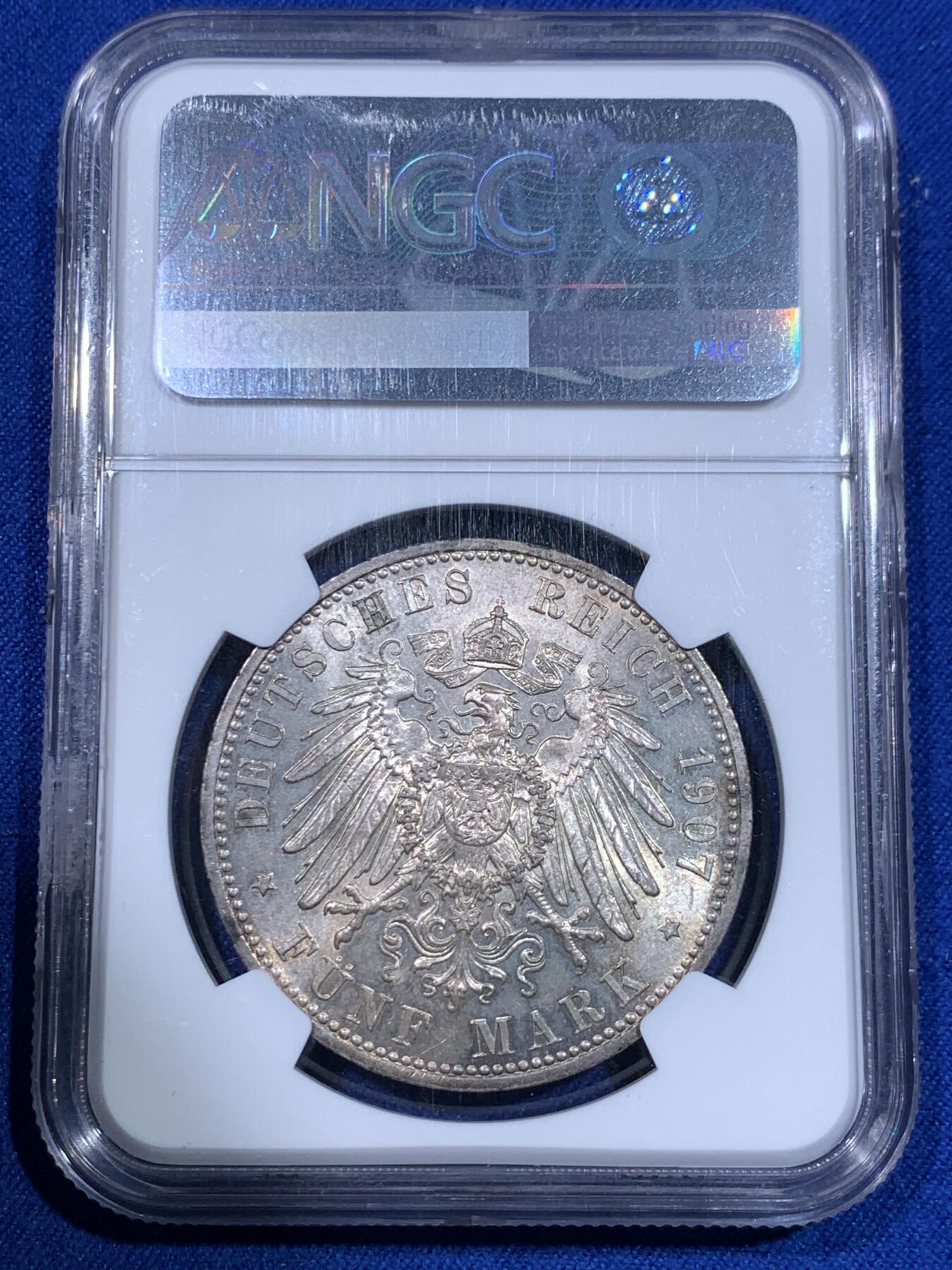 《竞宝斋》立夏专场特拍 （第2-1场）全场顺丰包邮 265场 冠军分 NGC MS64 德国1907年巴伐利亚奥托5马克银币 流通币这个状态已经无敌