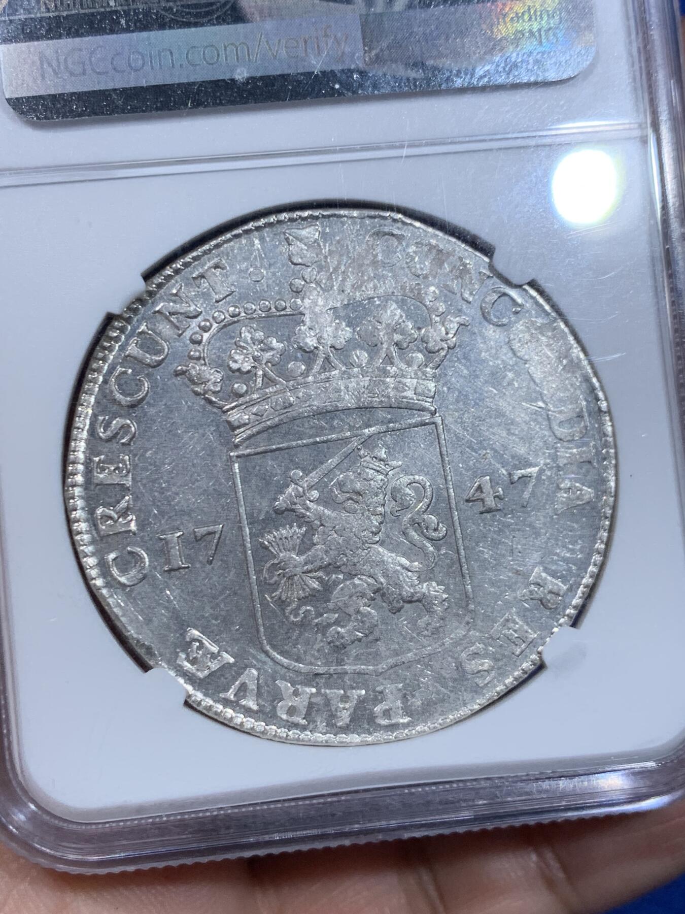 《竞宝斋》立夏专场特拍 （第2-1场）全场顺丰包邮 265场 NGC MS61 尼德兰1747年乌德勒支地区 站人武士1杜卡特大银币 两面人像清晰 略有低评 NGC唯一冠军分