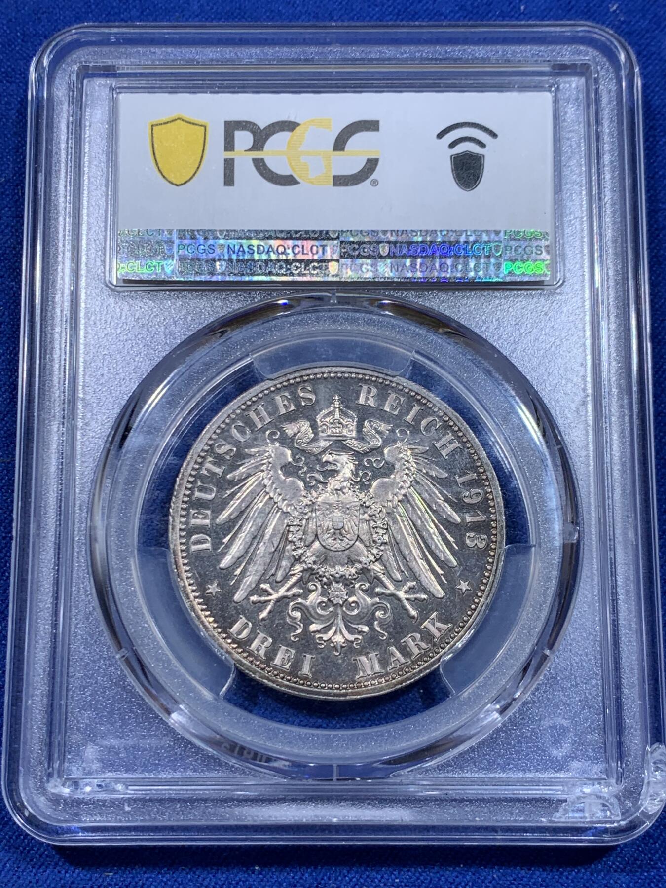 《竞宝斋》立夏专场特拍 （第2-1场）全场顺丰包邮 265场 PCGS PR63CAM 德国1913E萨克森建功碑3马克银币 评cameo的基本都是白币 重五彩加cameo太难得了