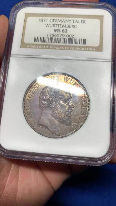 NGC MS62 德国1871年符腾堡普法战争胜利泰勒银币 深五彩包浆 NGC老盒 实物比照片好不少