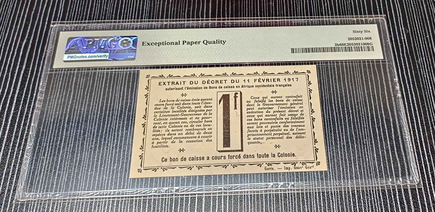 Chase Auction 第29期 - - 邮票、银币、外钞、民国钞和人民币混合场！（持续更新中） 1917年塞内加尔1法郎，PMG66！