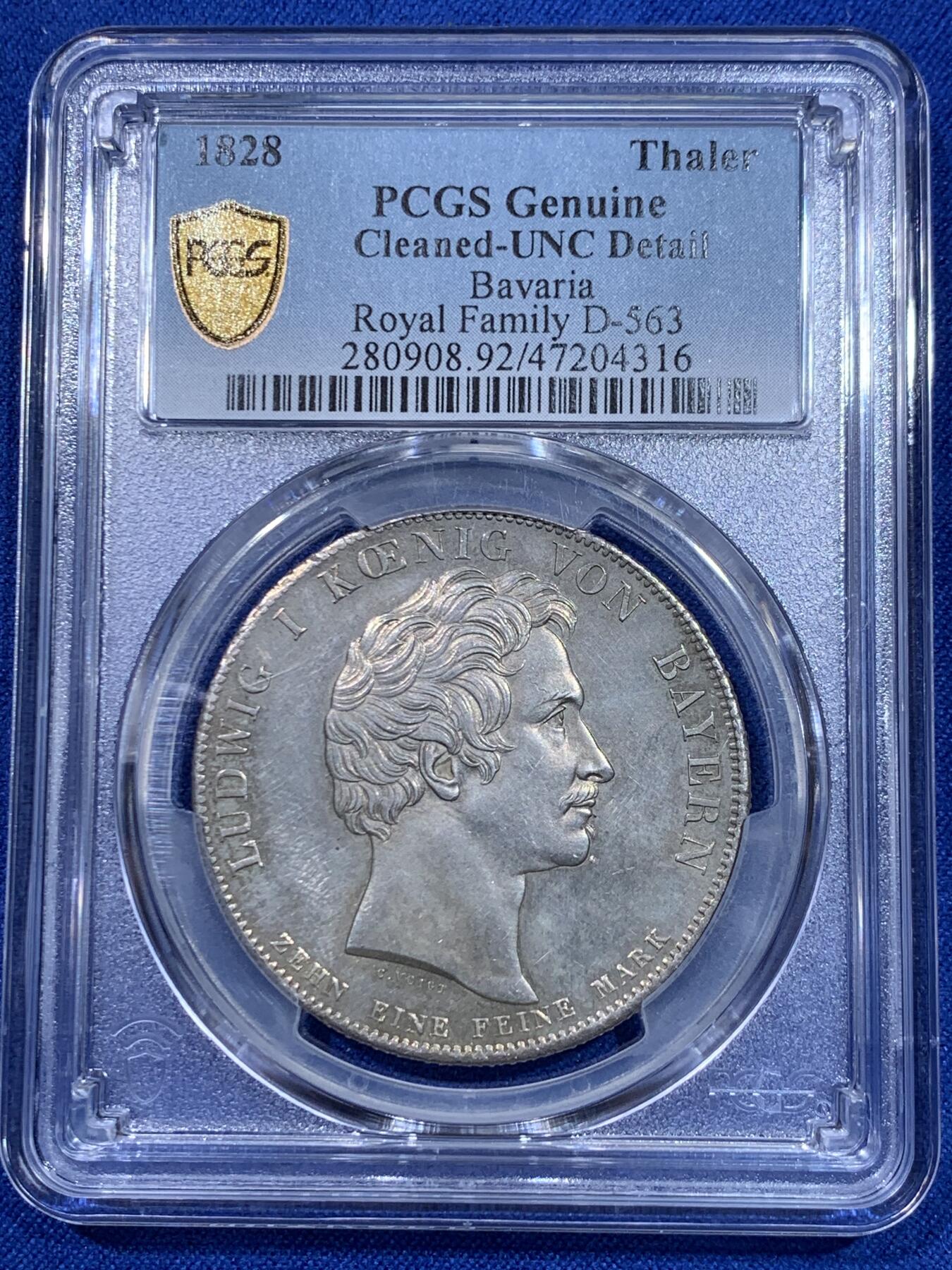 《竞宝斋》立夏专场特拍 （第2-1场）全场顺丰包邮 265场 PCGS UNC 德国 巴伐利亚1828年祝福王室历史协定泰勒银币，直径38mm，重28.06g，纯度83.3%。背面中央为王后特蕾莎头像，其四周是八位子女头像。细节清晰状态很不错。