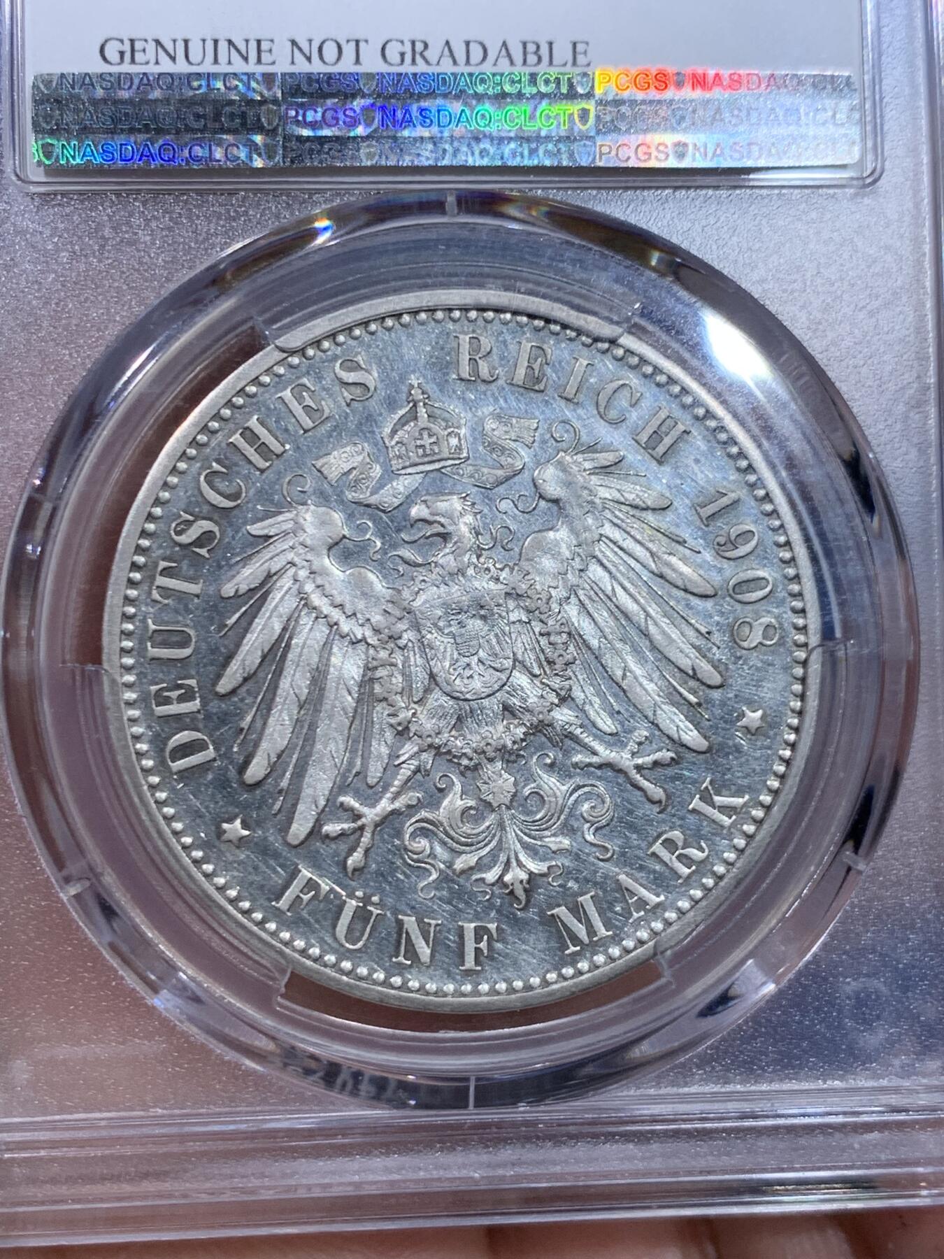 《竞宝斋》立夏专场特拍 （第2-1场）全场顺丰包邮 265场 PCGS PR 德国1908F符腾堡精制5马克银币 镜面效果还行 流通5马克精制十分稀少 这枚也就几百枚的量 sbp62分成交1140刀