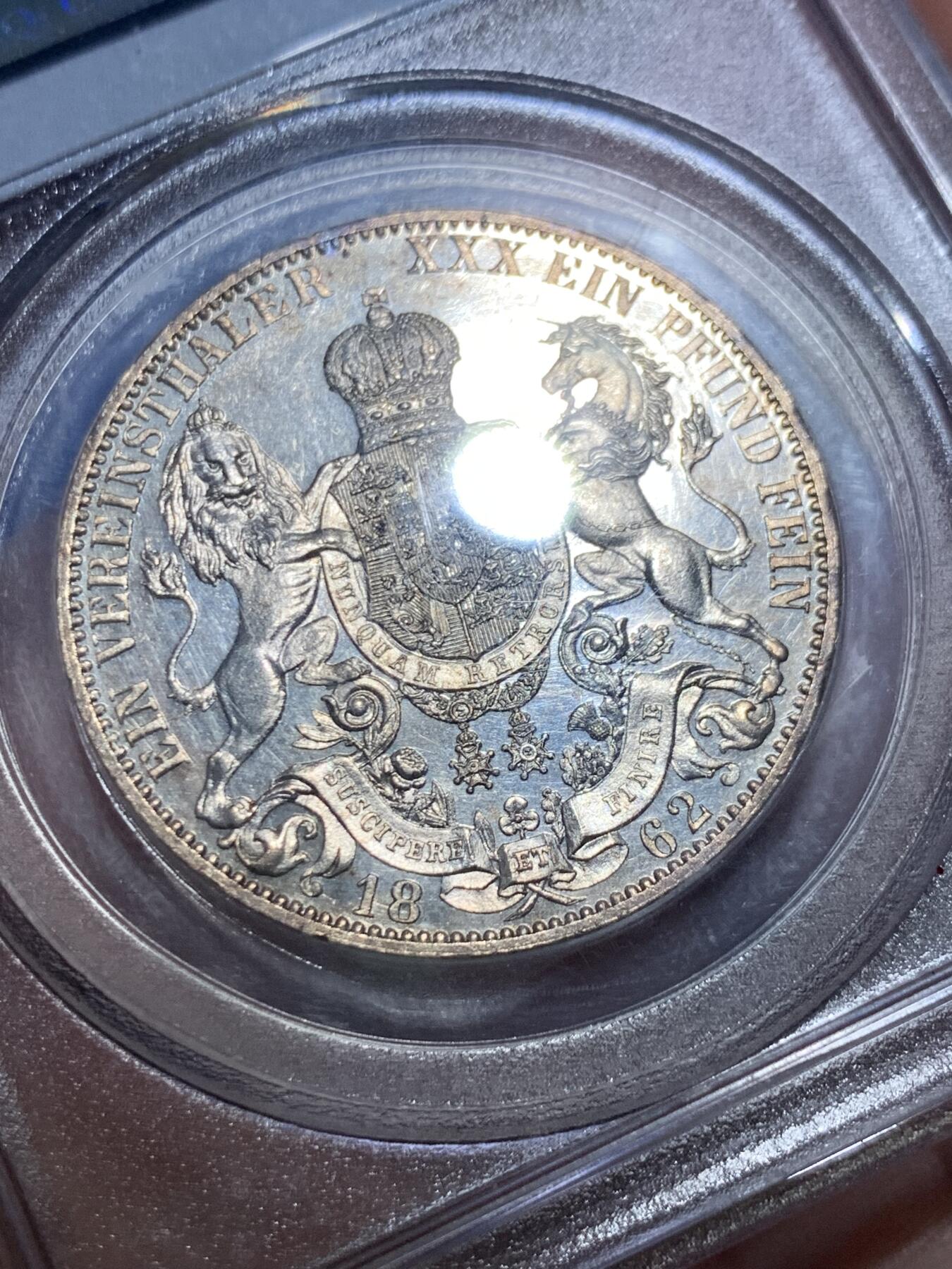 《竞宝斋》立夏专场特拍 （第2-1场）全场顺丰包邮 265场 唯一冠军分 PCGS PR65CAM 德国1862精制汉诺威狮马1泰勒银币 PCGS老盒 保存得非常好