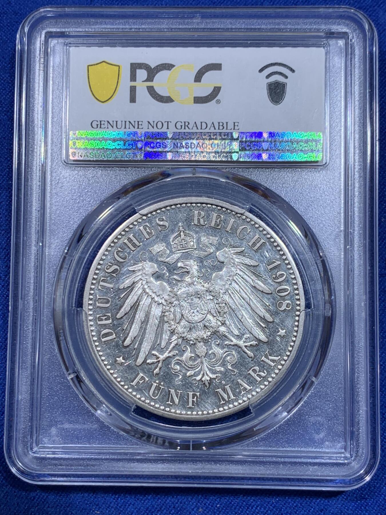 《竞宝斋》立夏专场特拍 （第2-1场）全场顺丰包邮 265场 PCGS PR 德国1908F符腾堡精制5马克银币 镜面效果还行 流通5马克精制十分稀少 这枚也就几百枚的量 sbp62分成交1140刀