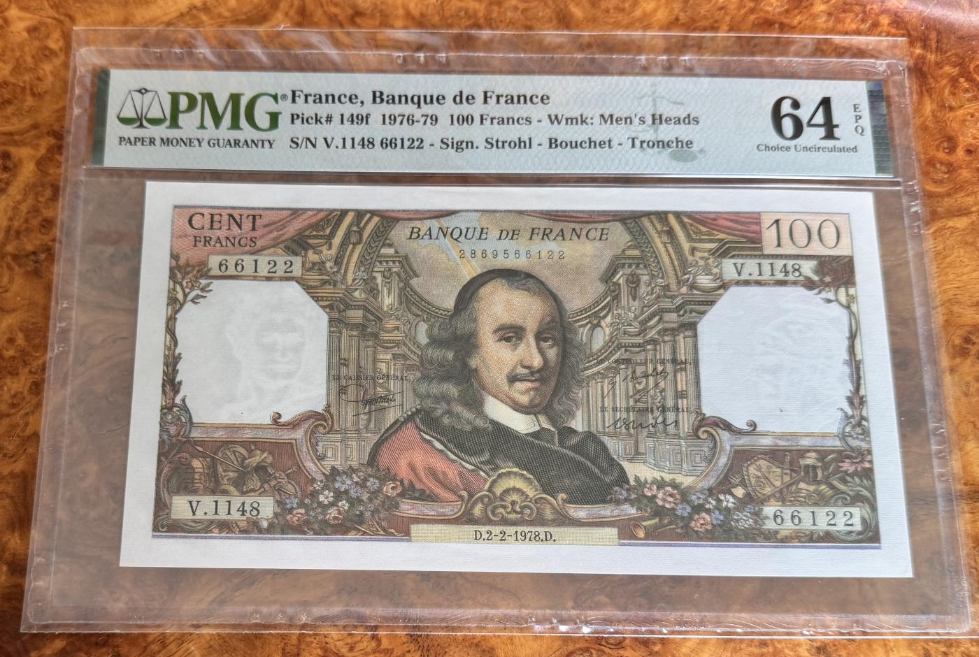 Chase Auction 第29期 - - 邮票、银币、外钞、民国钞和人民币混合场！（持续更新中） 1976年法国100法郎，PMG64e！