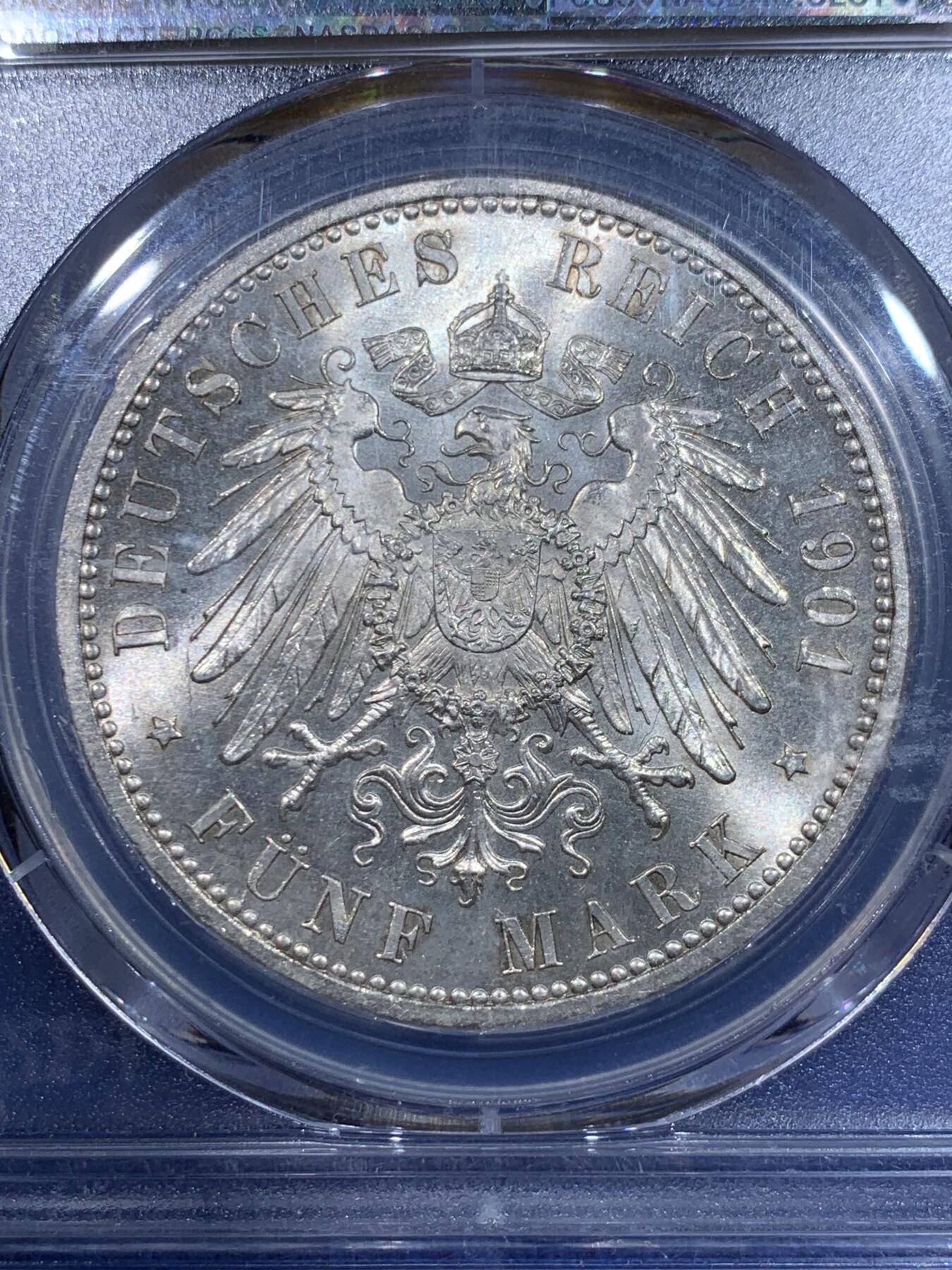 《竞宝斋》立夏专场特拍 （第2-1场）全场顺丰包邮 265场 PCGS MS65 德国1901普鲁士5马克银币 美丽宝石光泽 比64分上了一个台阶