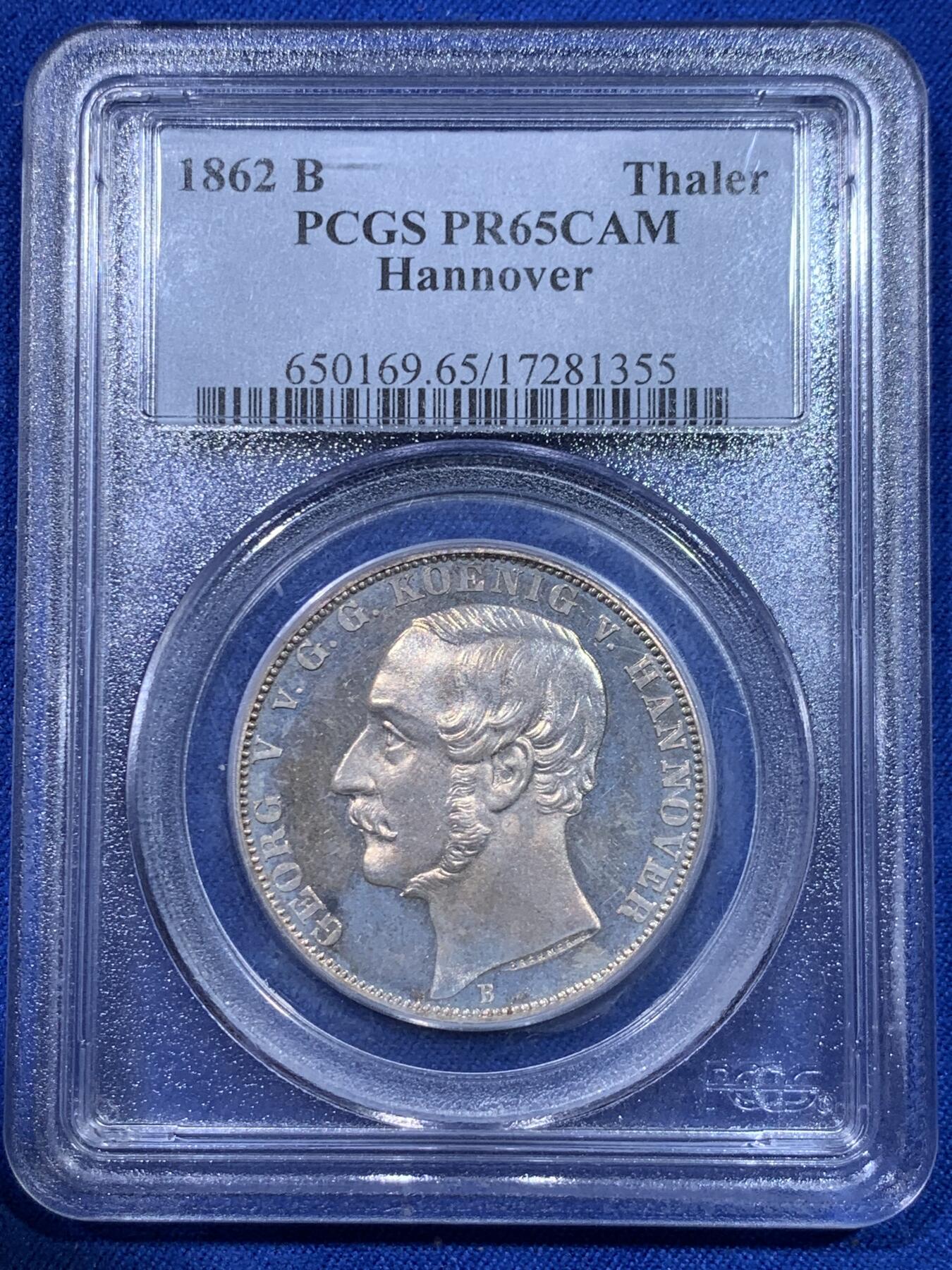 《竞宝斋》立夏专场特拍 （第2-1场）全场顺丰包邮 265场 唯一冠军分 PCGS PR65CAM 德国1862精制汉诺威狮马1泰勒银币 PCGS老盒 保存得非常好