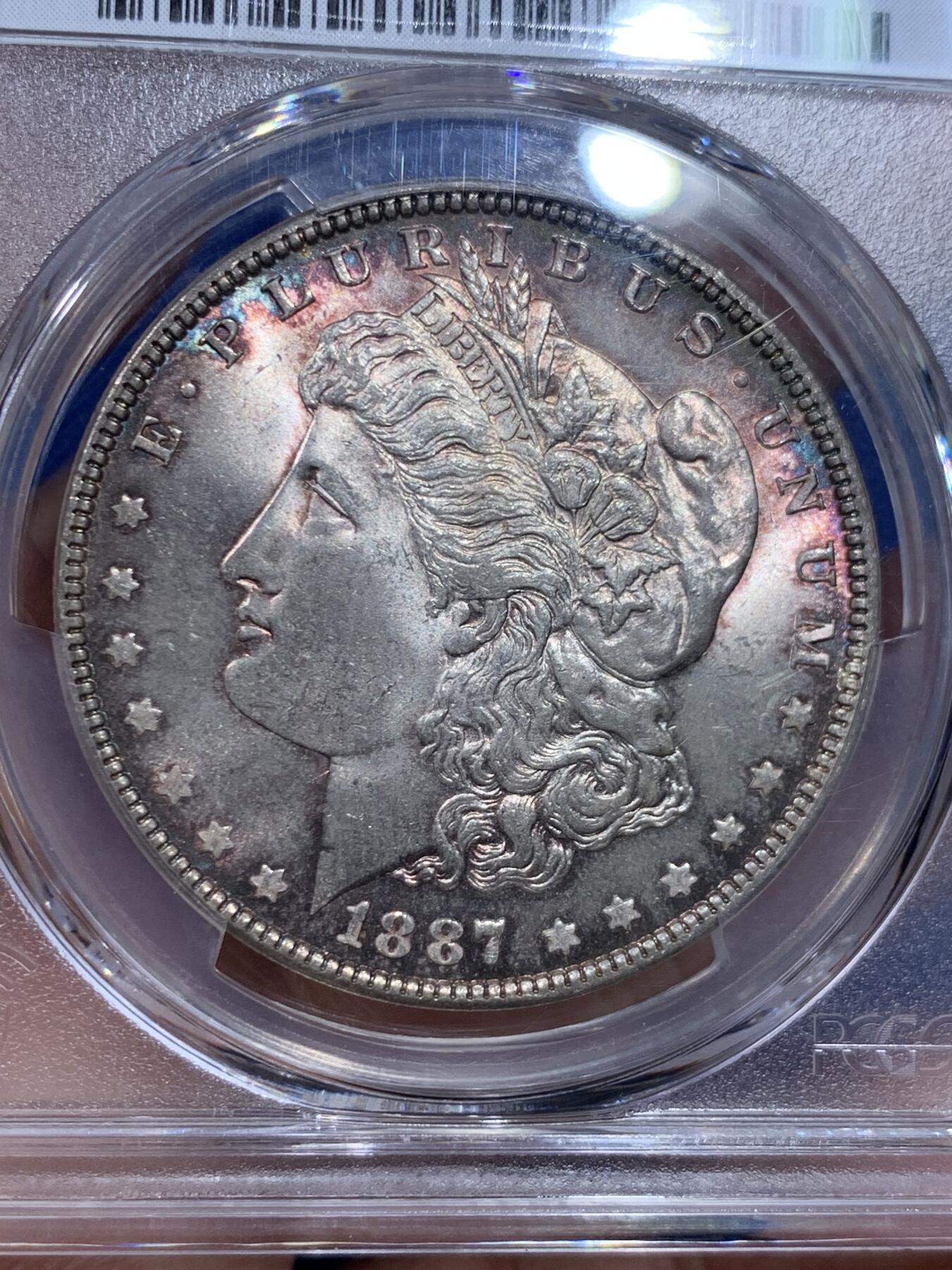 《竞宝斋》立夏专场特拍 （第2-1场）全场顺丰包邮 265场 PCGS MS65 美国1887年摩根银币 紫罗兰环彩 光度一流 好品较少的年份