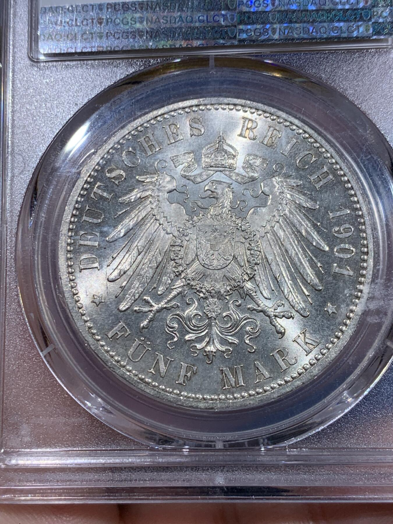 《竞宝斋》立夏专场特拍 （第2-1场）全场顺丰包邮 265场 PCGS MS65 德国1901普鲁士5马克银币 美丽宝石光泽 比64分上了一个台阶