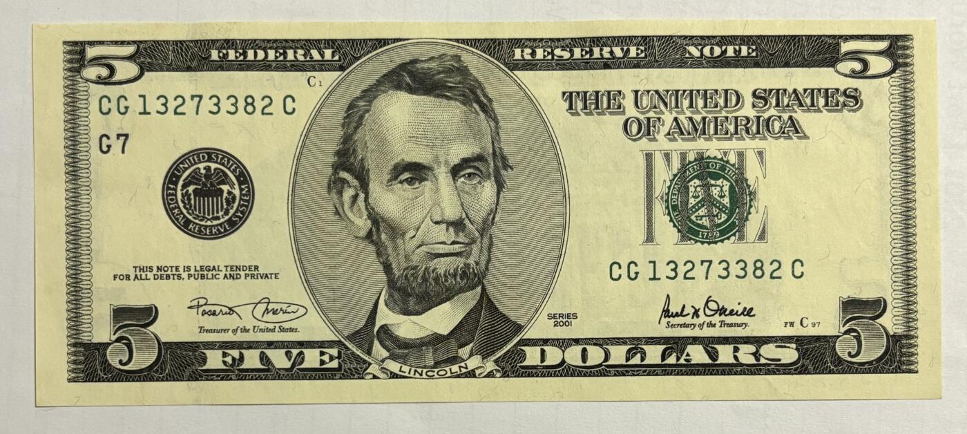 Chase Auction 第29期 - - 邮票、银币、外钞、民国钞和人民币混合场！（持续更新中） 2001年（稀缺年份） 联邦储备券 大头版 两种面值 （5美元 + 10美元222豹子尾）