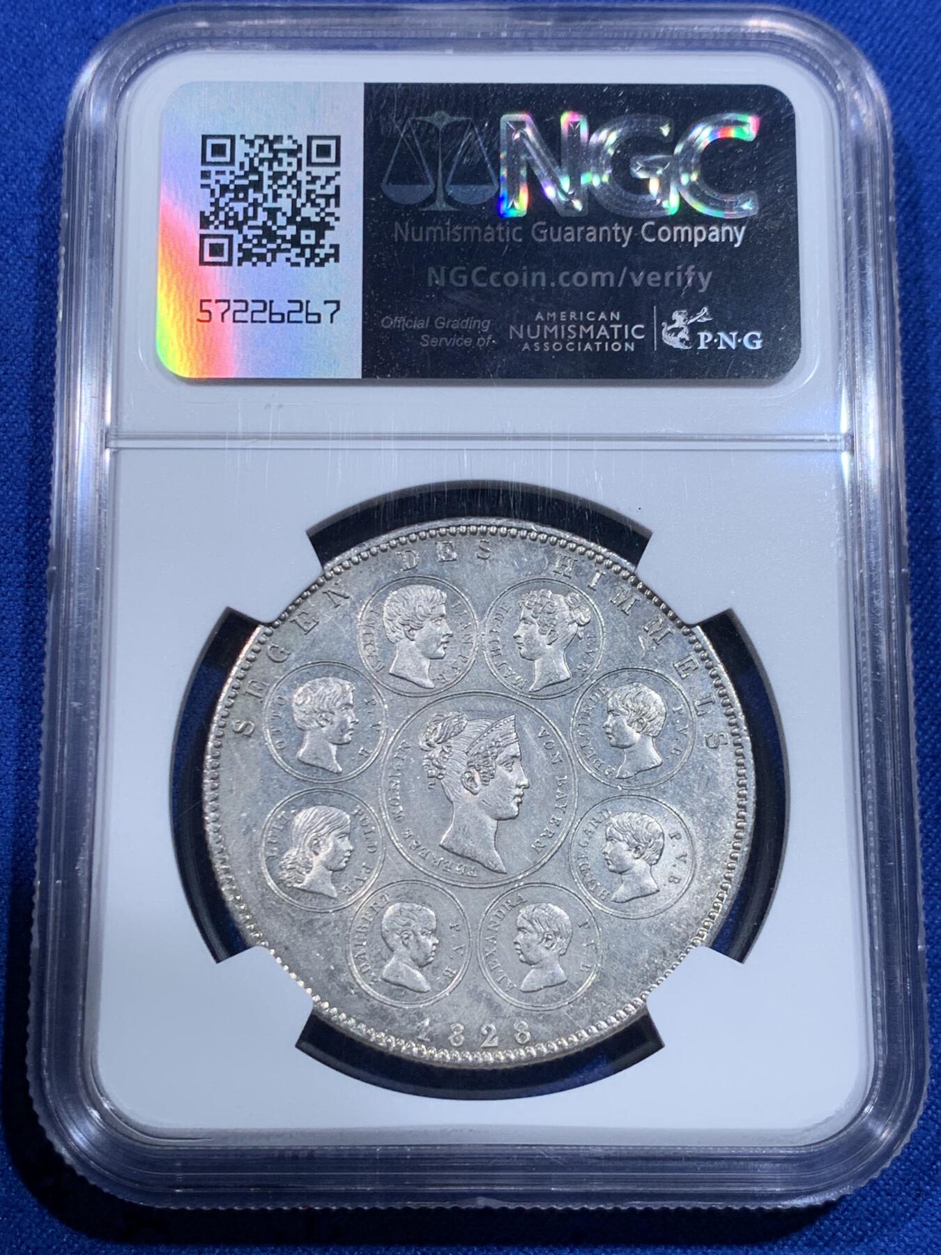 《竞宝斋》立夏专场特拍 （第2-1场）全场顺丰包邮 265场 NGC UNC 德国1828巴伐利亚纪念泰勒大银币 正面皇帝 背面是特蕾莎皇后和8个子女 寓意非常好 祝福王室 细节很好 非常经典和精美