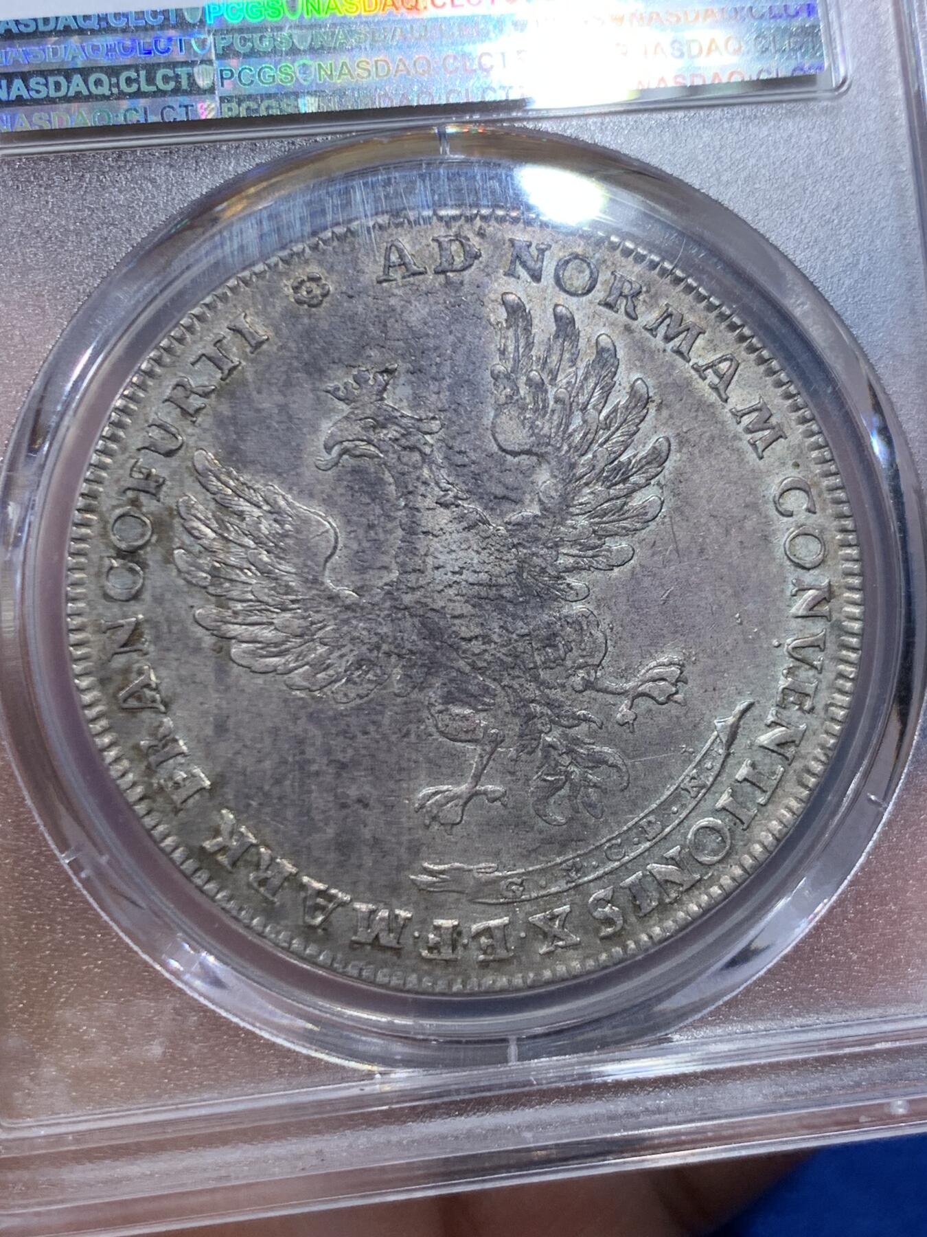 《竞宝斋》立夏专场特拍 （第2-1场）全场顺丰包邮 265场 唯一冠军分 PCGS AU50 德国 1767 法兰克福自由城 泰勒大银币 只存在2年的德邦 很难遇到的品种