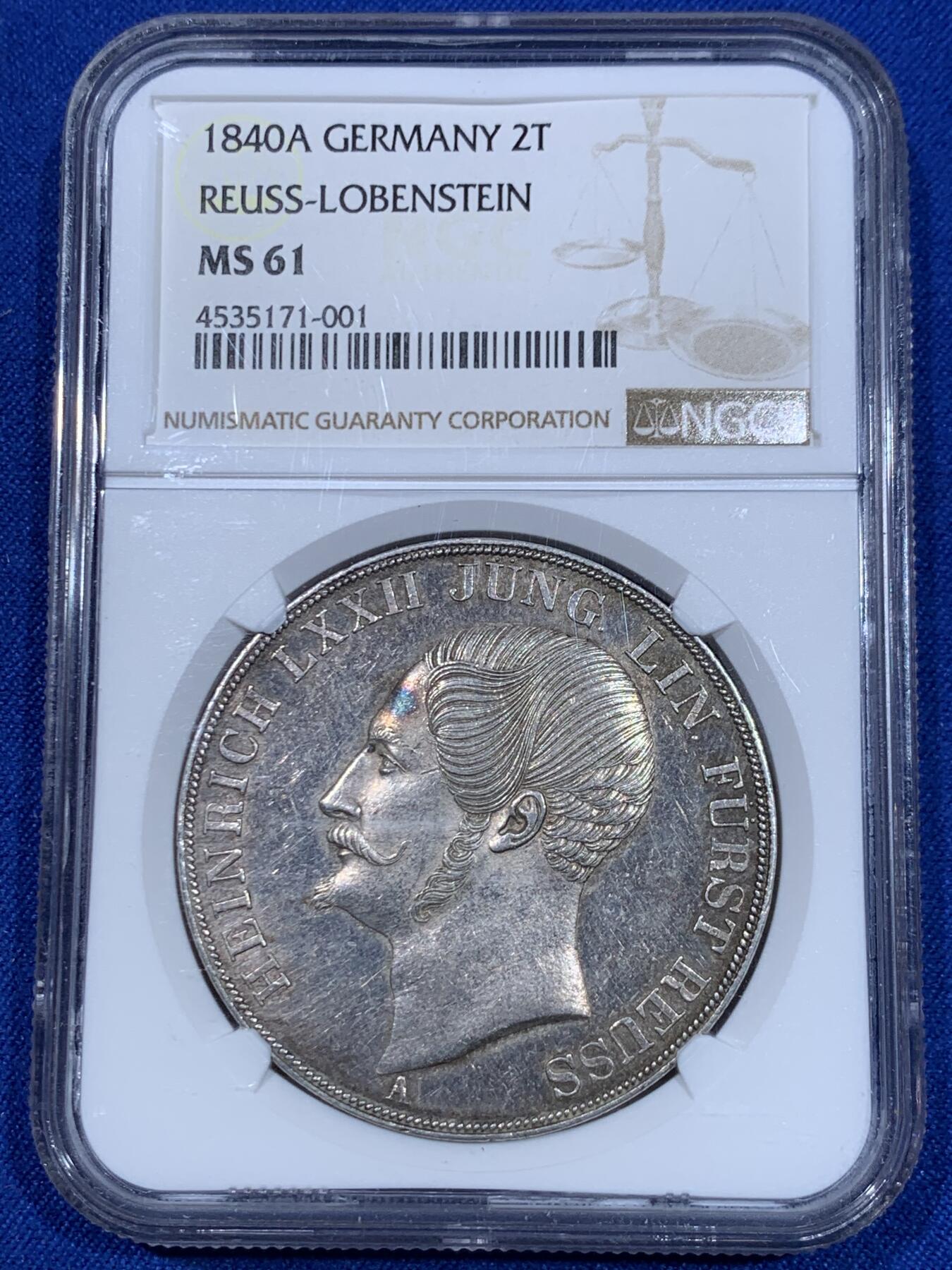 《竞宝斋》立夏专场特拍 （第2-1场）全场顺丰包邮 265场 NGC MS61 德国 1840 罗伊斯公国 海因里希六世 2泰勒大银币 根据资料记录只发行2年，1840年只发行量2750枚 稀见品种