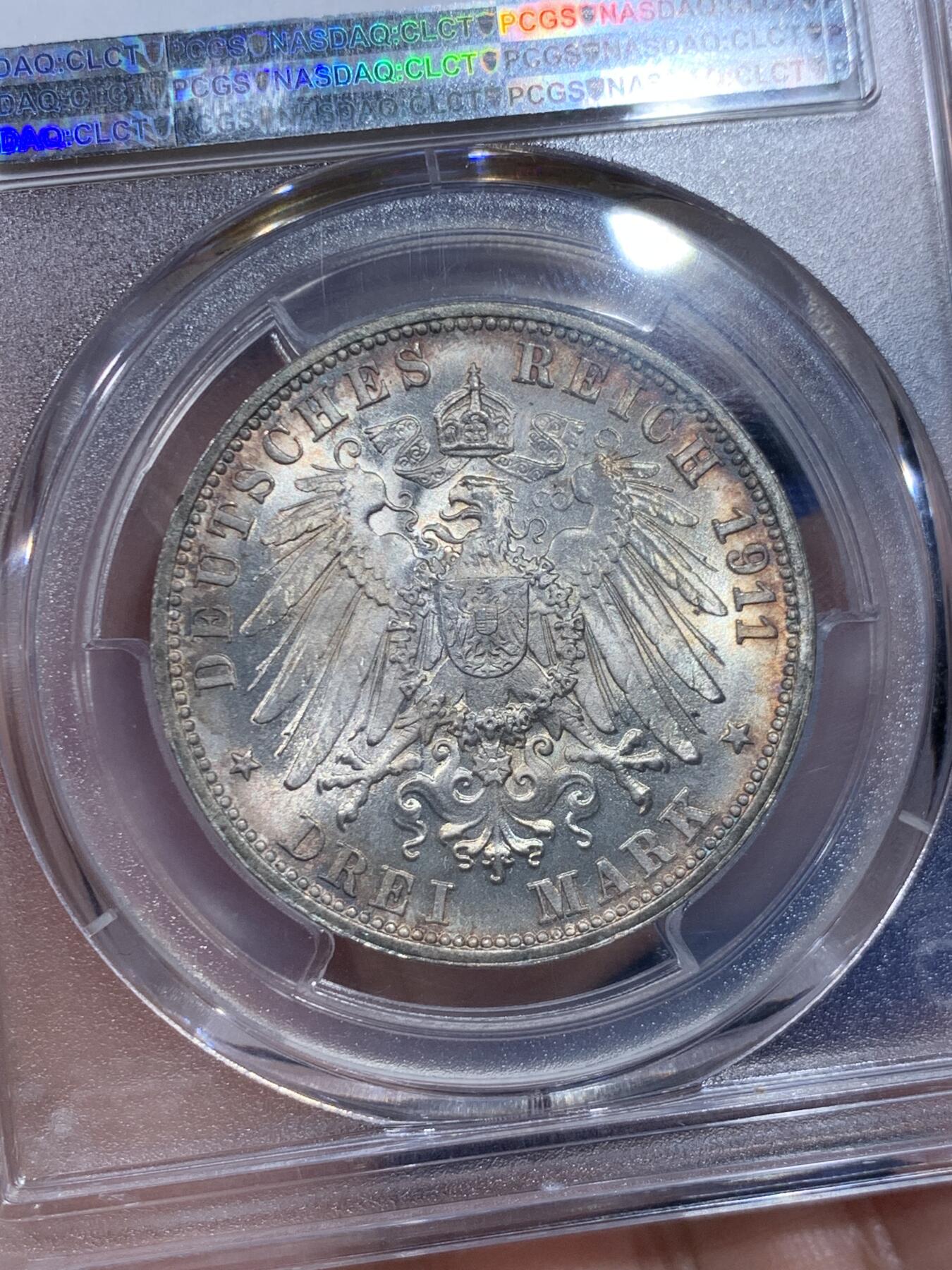 《竞宝斋》立夏专场特拍 （第2-1场）全场顺丰包邮 265场 PCGS MS67 德国1911年符腾堡金婚3马克银币 顶级五彩包浆