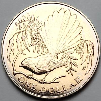 布加迪🐬～世界钱币🌾第 110 期 /  新西兰🇳🇿西班牙🇪🇸瑞士🇨🇭保加利亚🇧🇬等各国散币 - 新西兰🇳🇿 1980年 1元 38.8mm克朗币～扇尾鹟图案