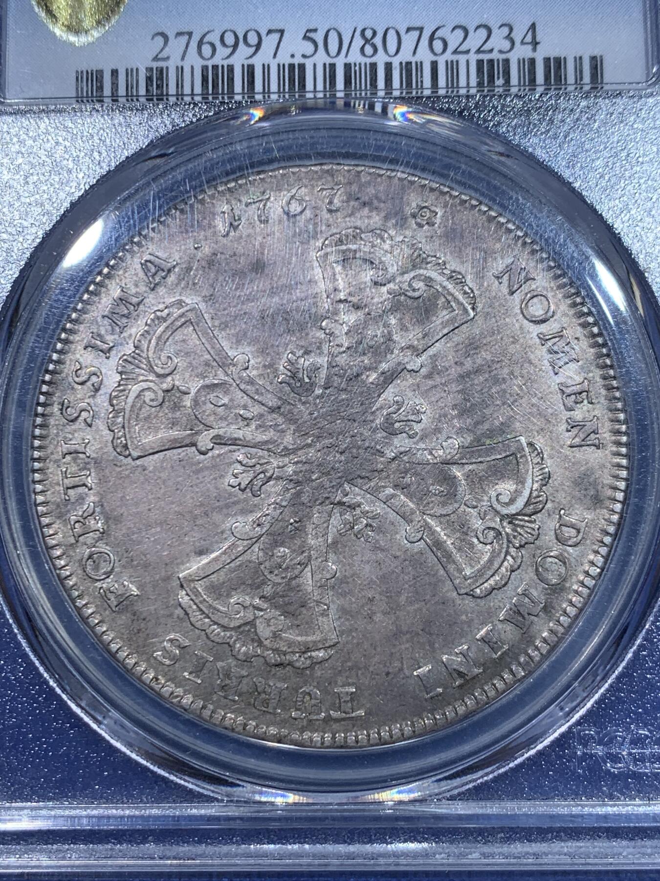 《竞宝斋》立夏专场特拍 （第2-1场）全场顺丰包邮 265场 唯一冠军分 PCGS AU50 德国 1767 法兰克福自由城 泰勒大银币 只存在2年的德邦 很难遇到的品种