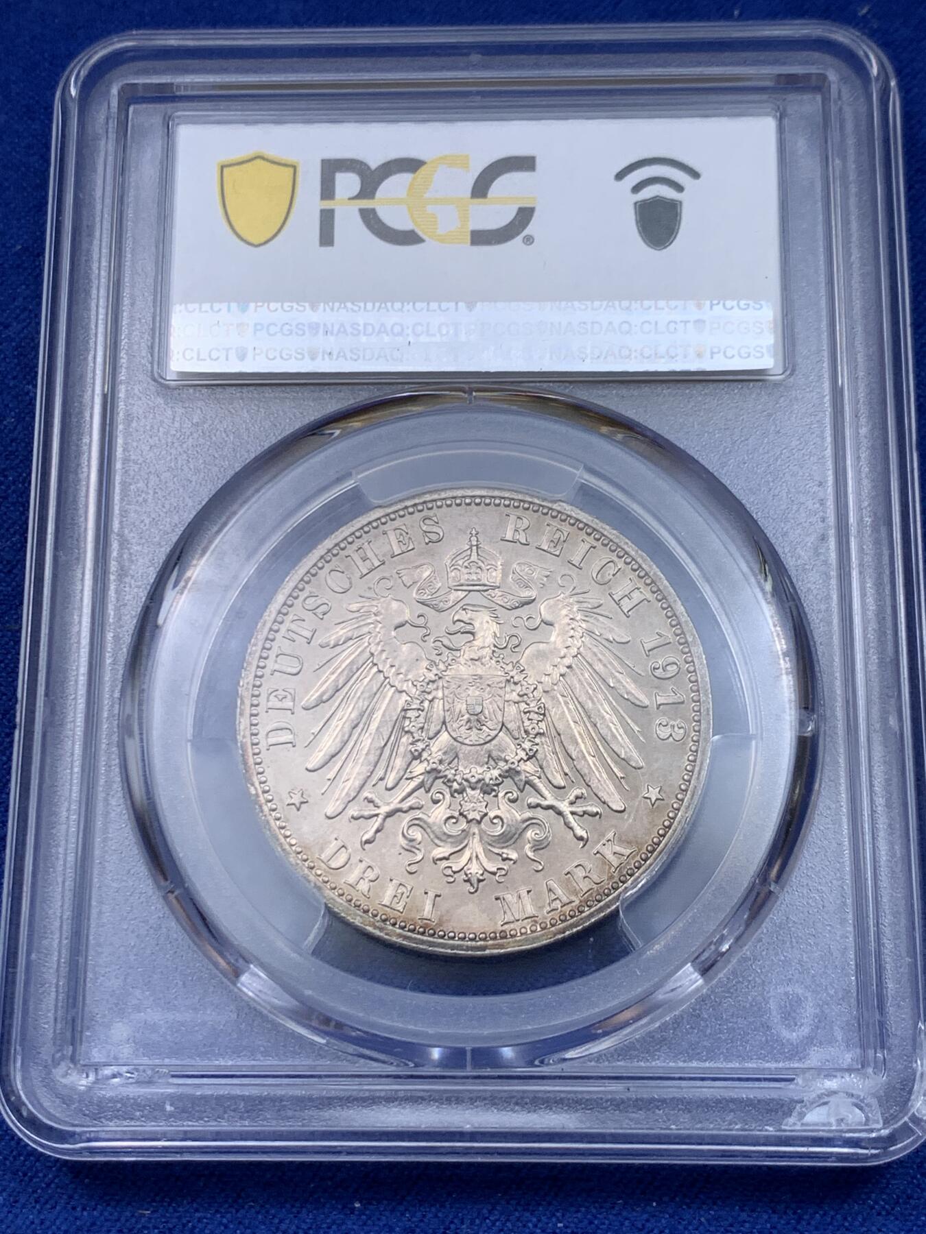 《竞宝斋》立夏专场特拍 （第2-1场）全场顺丰包邮 265场 PCGS PR63CAM 德国1913E萨克森建功碑3马克银币 评cameo的基本都是白币 重五彩加cameo太难得了