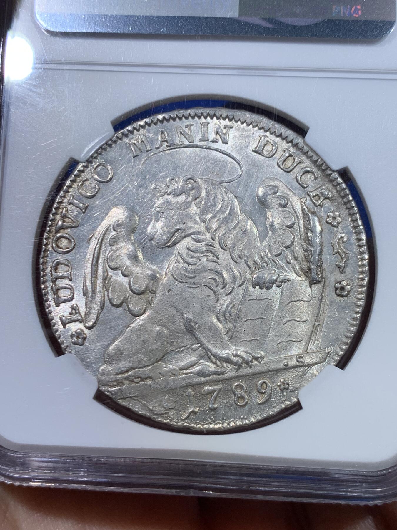 《竞宝斋》立夏专场特拍 （第2-1场）全场顺丰包邮 265场 冠军分 NGC MS62 意大利 威尼斯 1789年 泰勒 威尼斯飞狮纪念大银币 背部狮子浮雕生动 造型古朴雅致