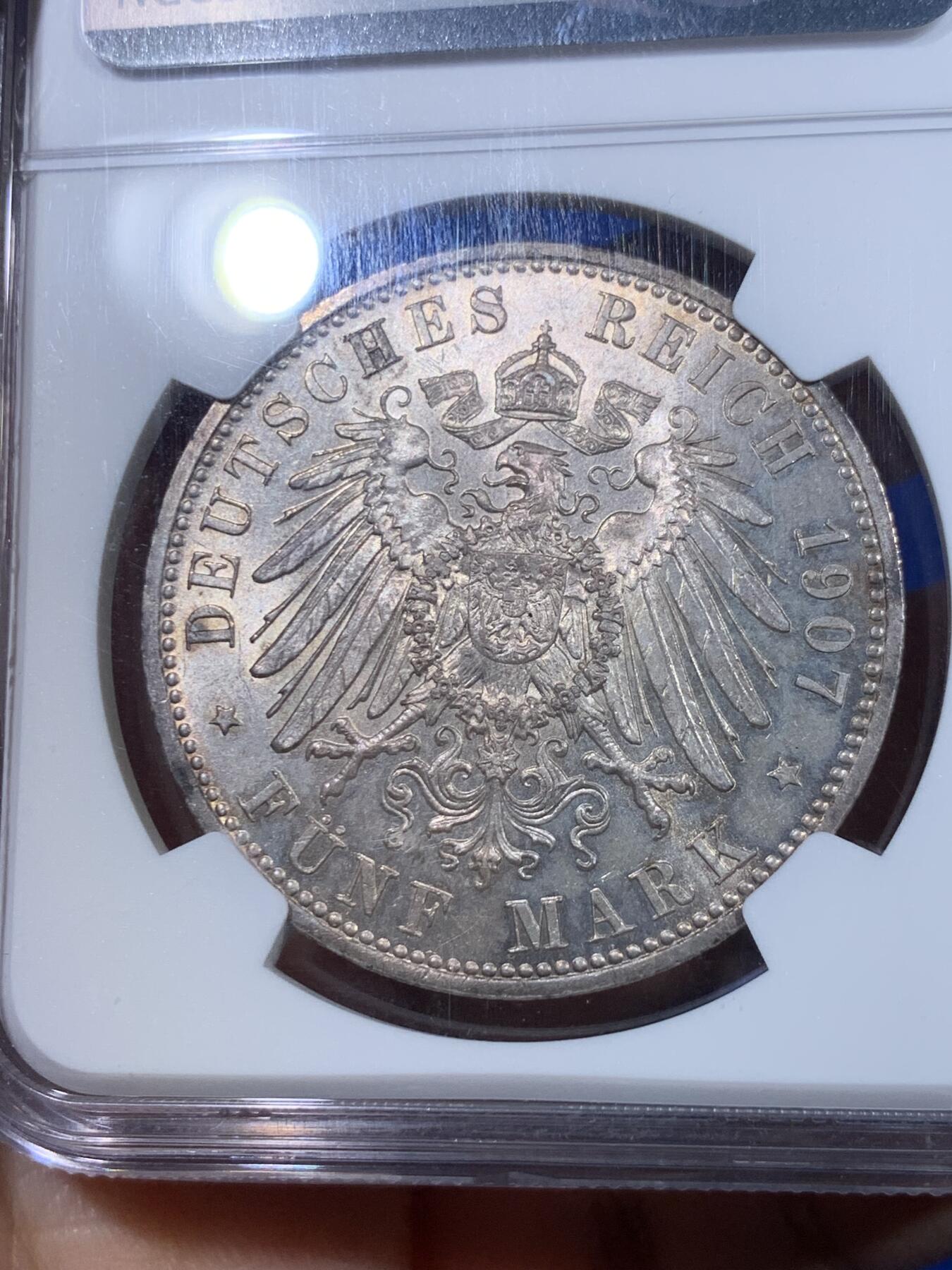 《竞宝斋》立夏专场特拍 （第2-1场）全场顺丰包邮 265场 冠军分 NGC MS64 德国1907年巴伐利亚奥托5马克银币 流通币这个状态已经无敌