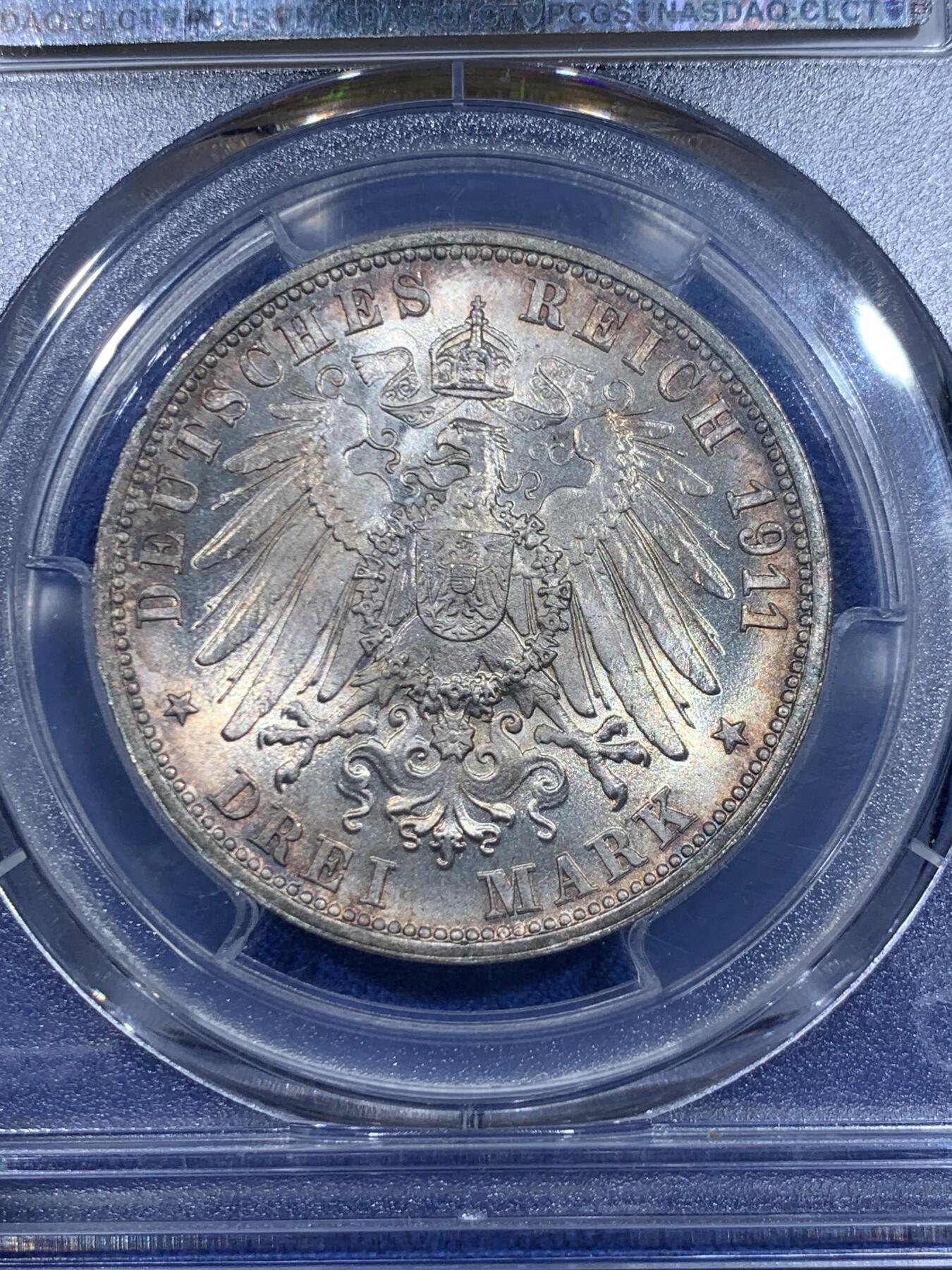 《竞宝斋》立夏专场特拍 （第2-1场）全场顺丰包邮 265场 PCGS MS67 德国1911年符腾堡金婚3马克银币 顶级五彩包浆