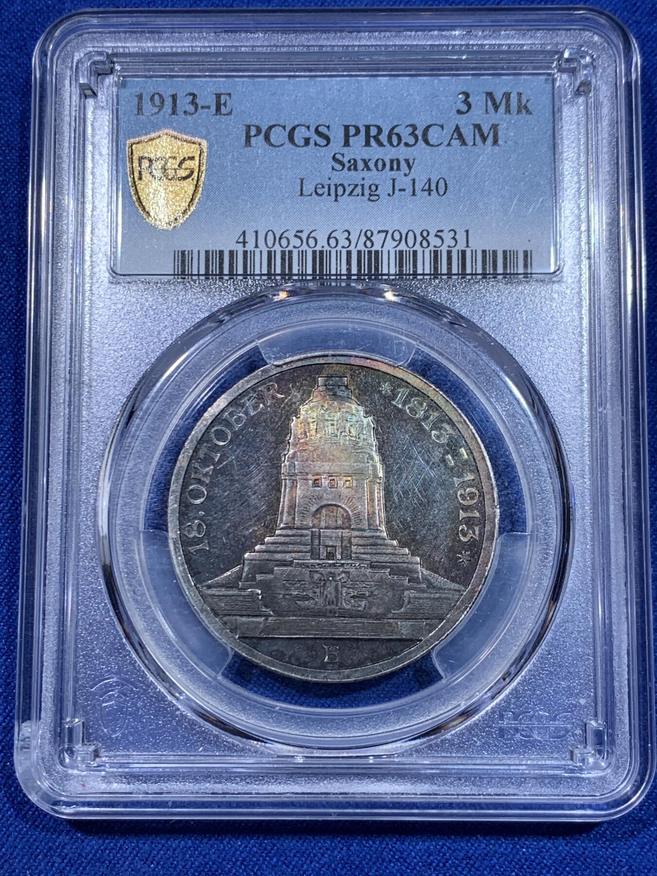 《竞宝斋》立夏专场特拍 （第2-1场）全场顺丰包邮 265场 PCGS PR63CAM 德国1913E萨克森建功碑3马克银币 评cameo的基本都是白币 重五彩加cameo太难得了