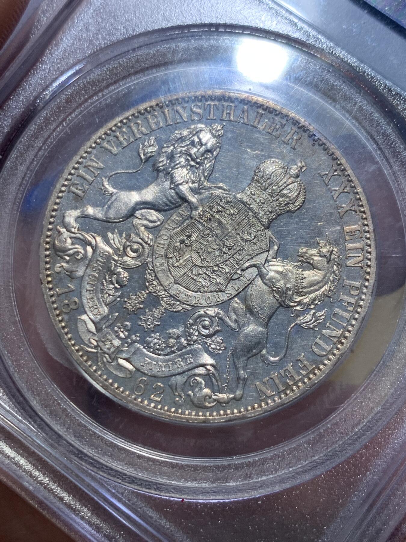 《竞宝斋》立夏专场特拍 （第2-1场）全场顺丰包邮 265场 唯一冠军分 PCGS PR65CAM 德国1862精制汉诺威狮马1泰勒银币 PCGS老盒 保存得非常好