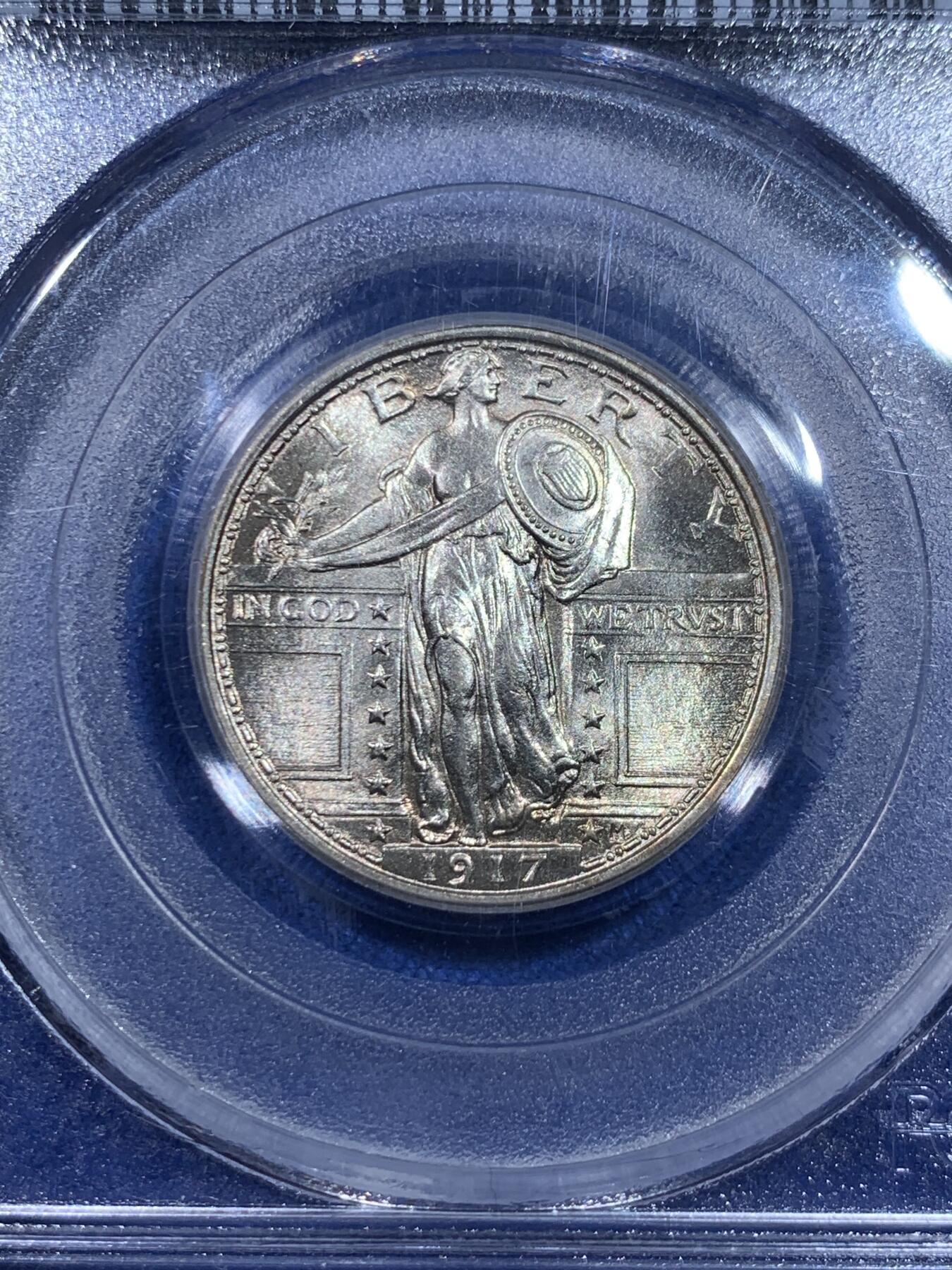 《竞宝斋》立夏专场特拍 （第2-1场）全场顺丰包邮 265场 PCGS MS65FH 1917年 美国 站人飞鹰 25美分 第一版无胸甲版 高分+FH尾缀+第一版+老白盒 很经典的设计 收藏级