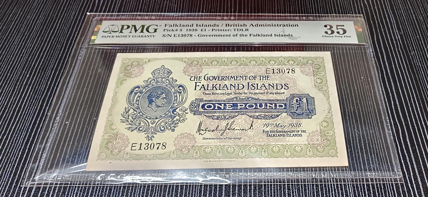 Chase Auction 第29期 - - 邮票、银币、外钞、民国钞和人民币混合场！（持续更新中） 1938年福克兰群岛1镑，PMG35，乔治六世！