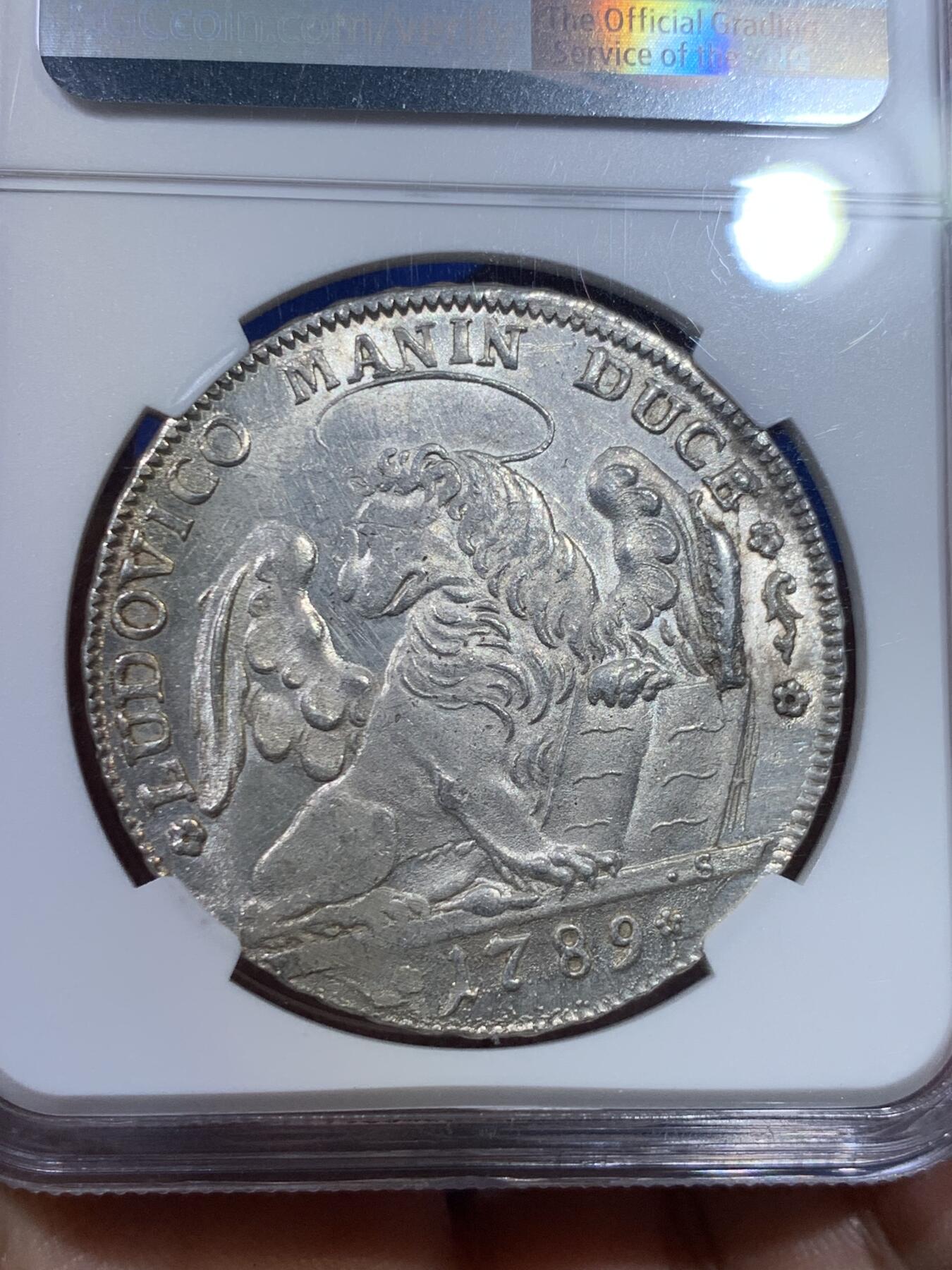 《竞宝斋》立夏专场特拍 （第2-1场）全场顺丰包邮 265场 冠军分 NGC MS62 意大利 威尼斯 1789年 泰勒 威尼斯飞狮纪念大银币 背部狮子浮雕生动 造型古朴雅致