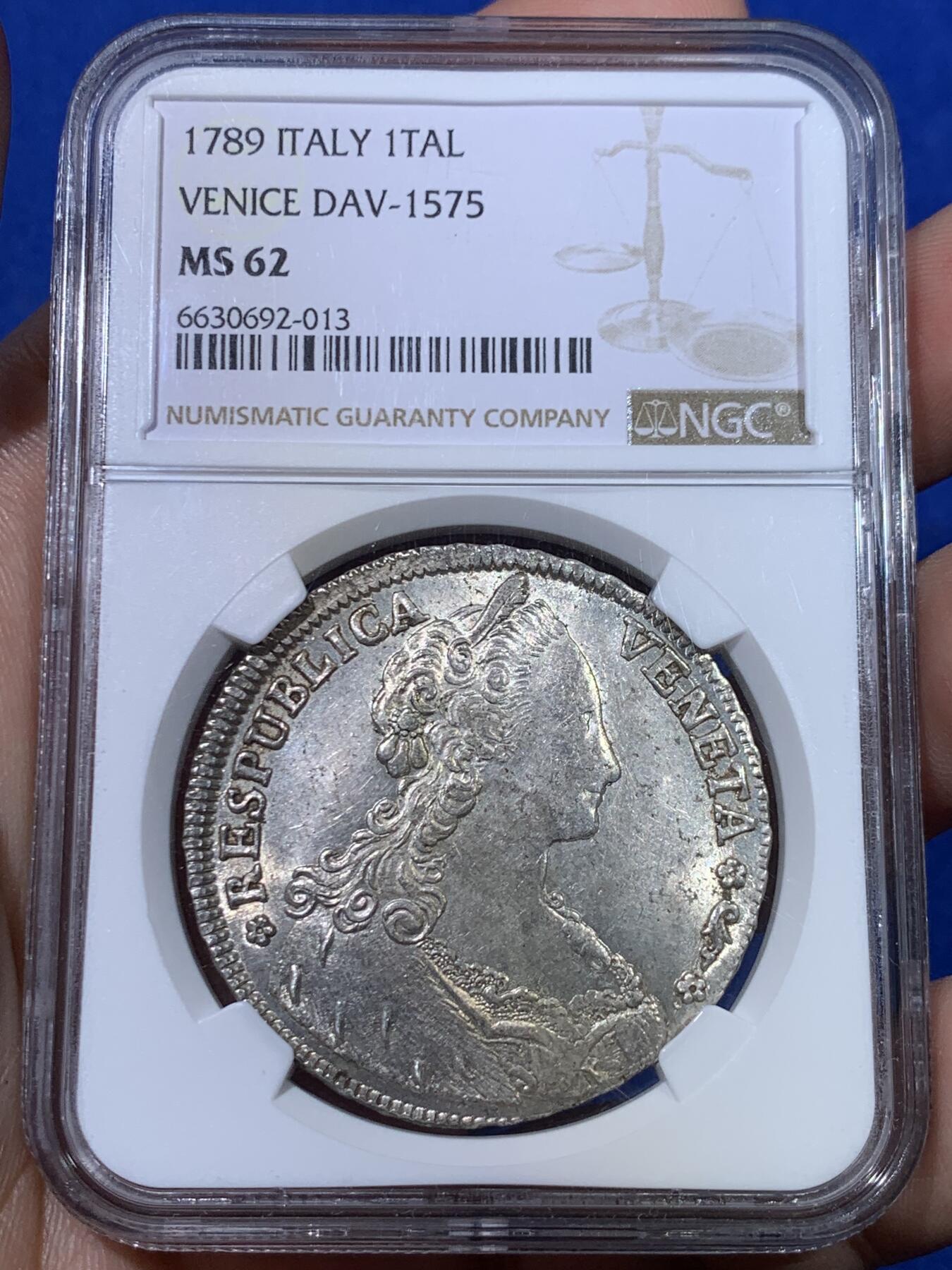 《竞宝斋》立夏专场特拍 （第2-1场）全场顺丰包邮 265场 冠军分 NGC MS62 意大利 威尼斯 1789年 泰勒 威尼斯飞狮纪念大银币 背部狮子浮雕生动 造型古朴雅致