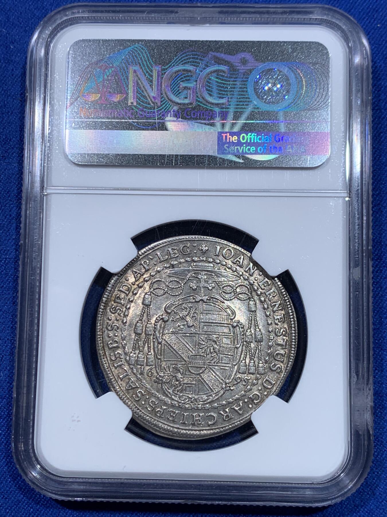 《竞宝斋》立夏专场特拍 （第2-1场）全场顺丰包邮 265场 冠军分 NGC MS63 神圣罗马帝国 萨尔茨堡半泰勒 1695/4骑字版冠军！均匀淡金色银光，极少版本，记录仅有两枚。AW拍卖纪录含佣金约8600RMB！